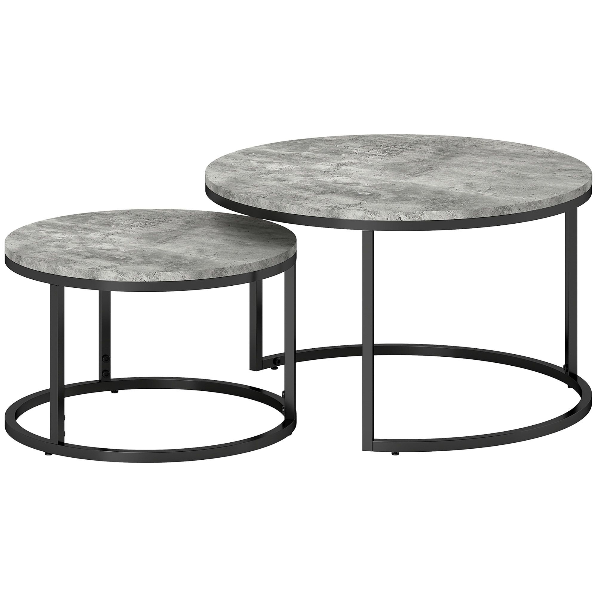 Homcom Industrial Nesting Coffee Table Set Of 2, Round Coffee Tables, Living Room Table With Faux Cement Top And Steel Frame