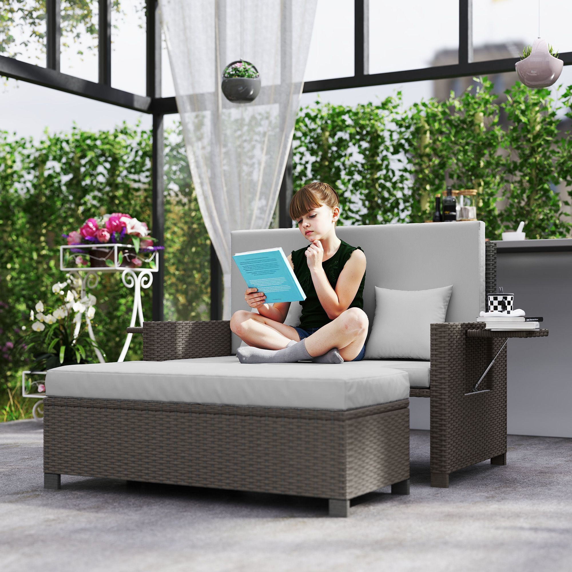 Outsunny Rattan Day Bed, With Footstool - Light Grey