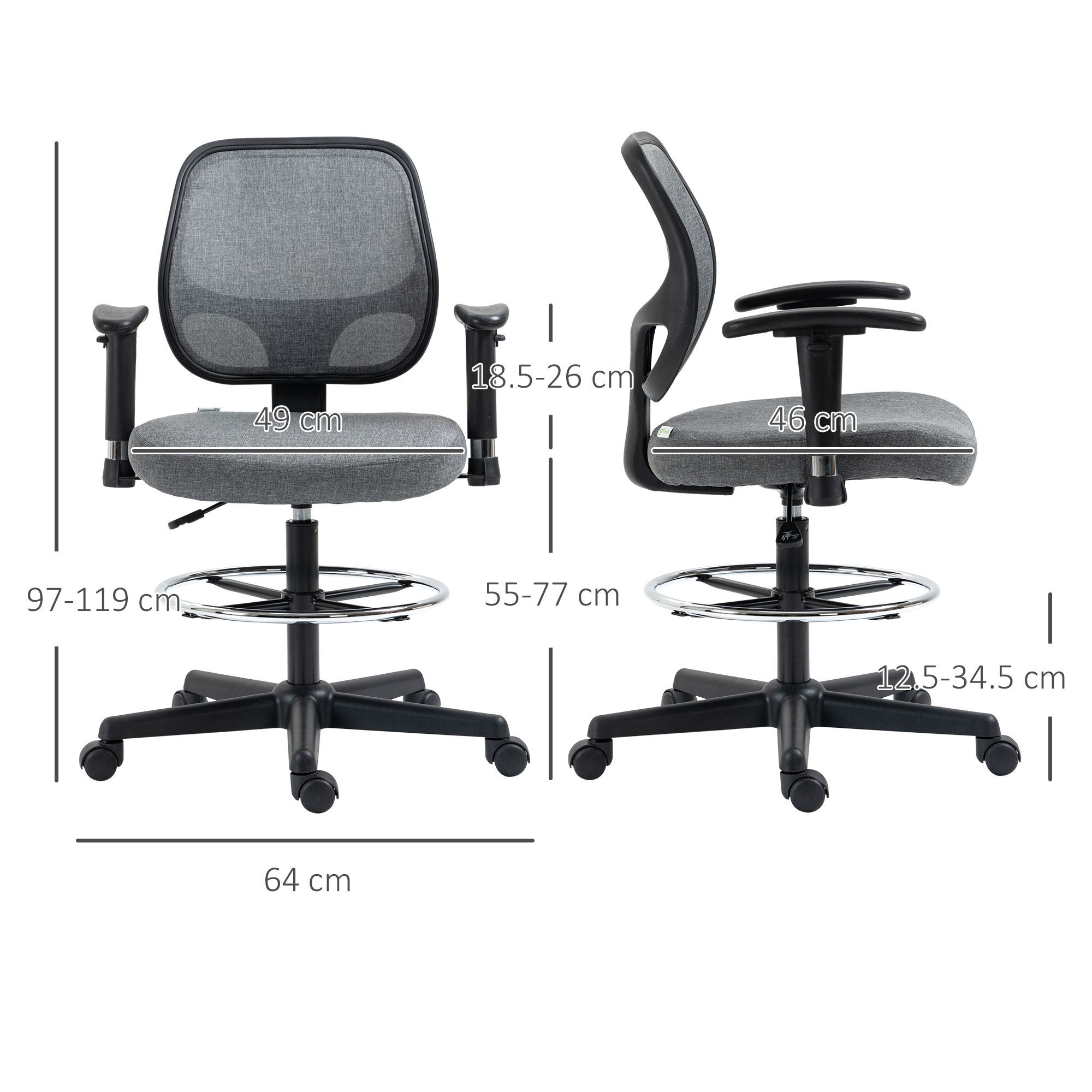Vinsetto Drafting Chair Tall Office Fabric Standing Desk Chair With Adjustable Footrest Ring, Arm, Swivel Wheels, Grey