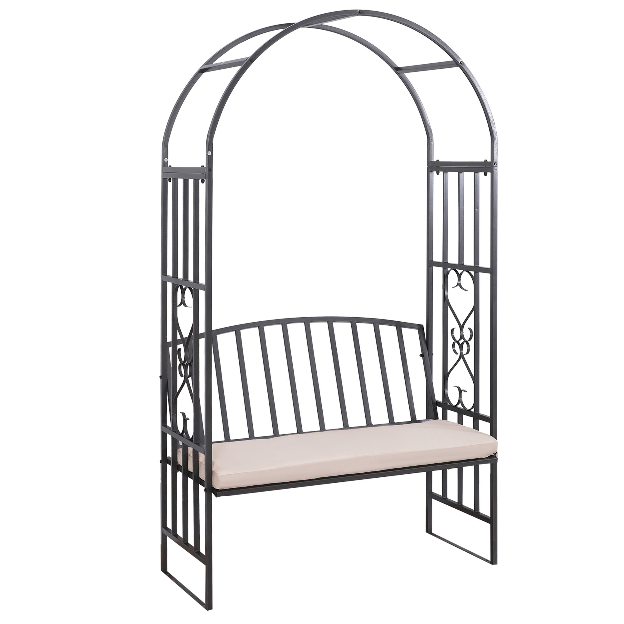 Outsunny Garden Metal Arch Bench, Outdoor Furniture Chair With Cushion Outdoor Patio Rose Trellis Arbour Pergola, For Climbing Plant 114x 60 X 206 Cm