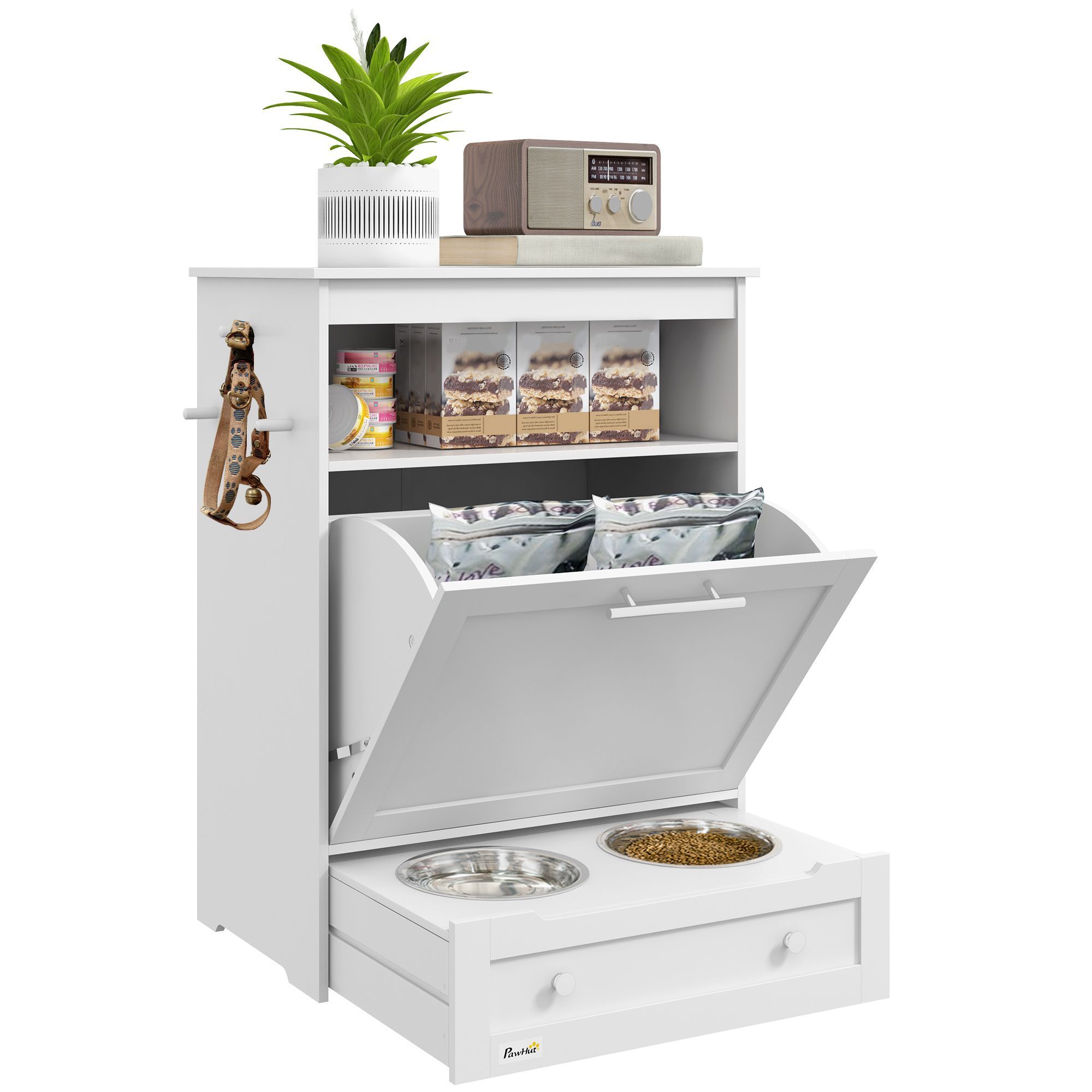 Pawhut Pet Feeder Station Storage Cabinet, Dog Food Storage Container With Dog Raised Bowls And Hanger For Feeding & Watering Supplies, White
