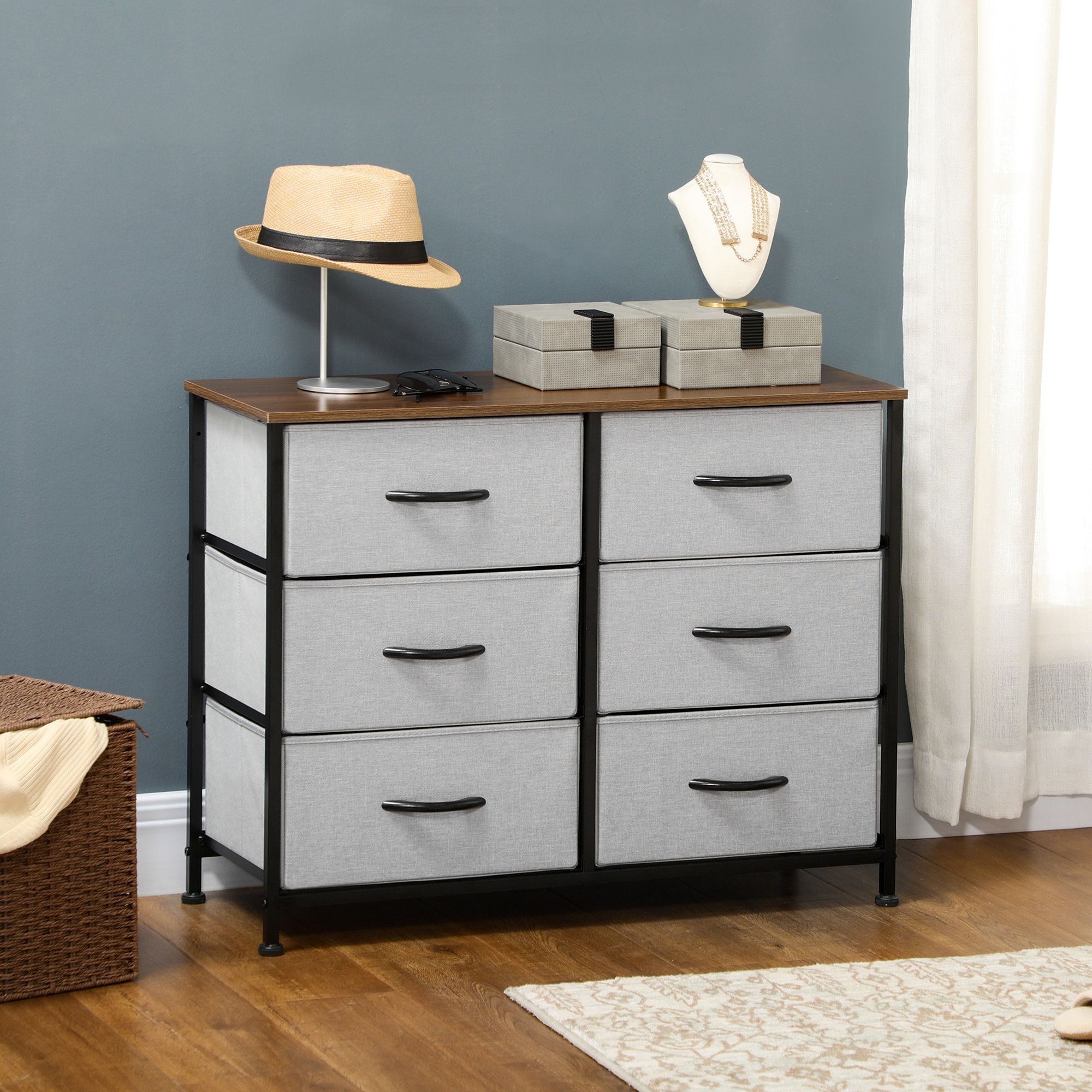 Homcom Chest Of Drawers, Fabric Storage Drawers, Industrial Bedroom Dresser W/6 Fabric Drawers, Steel Frame, Wooden Top For Nursery, Living Room Grey