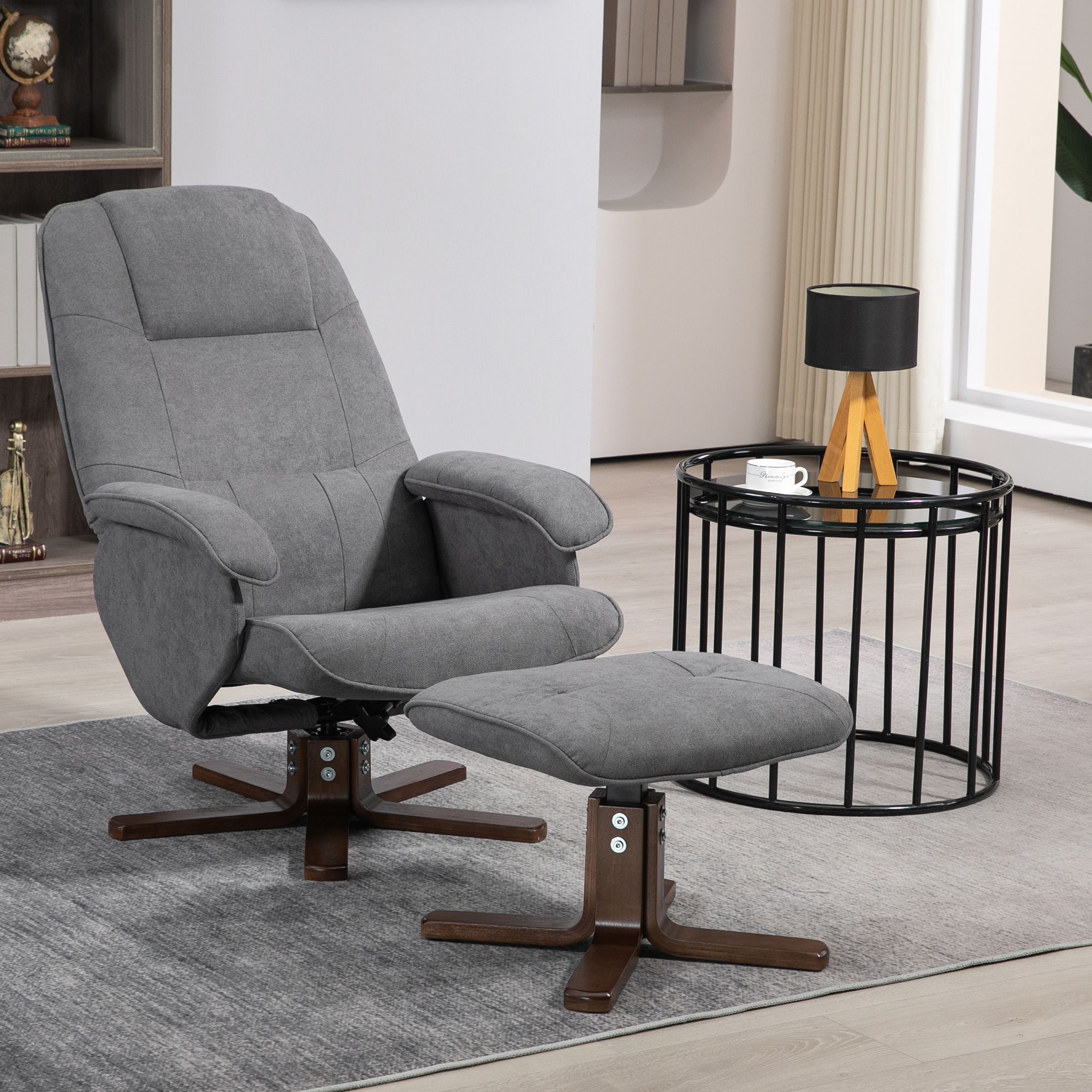 Homcom Linen Swivel Recliner Chair With Footstool, Upholstered Reclining Armchair With Wooden Base, Grey