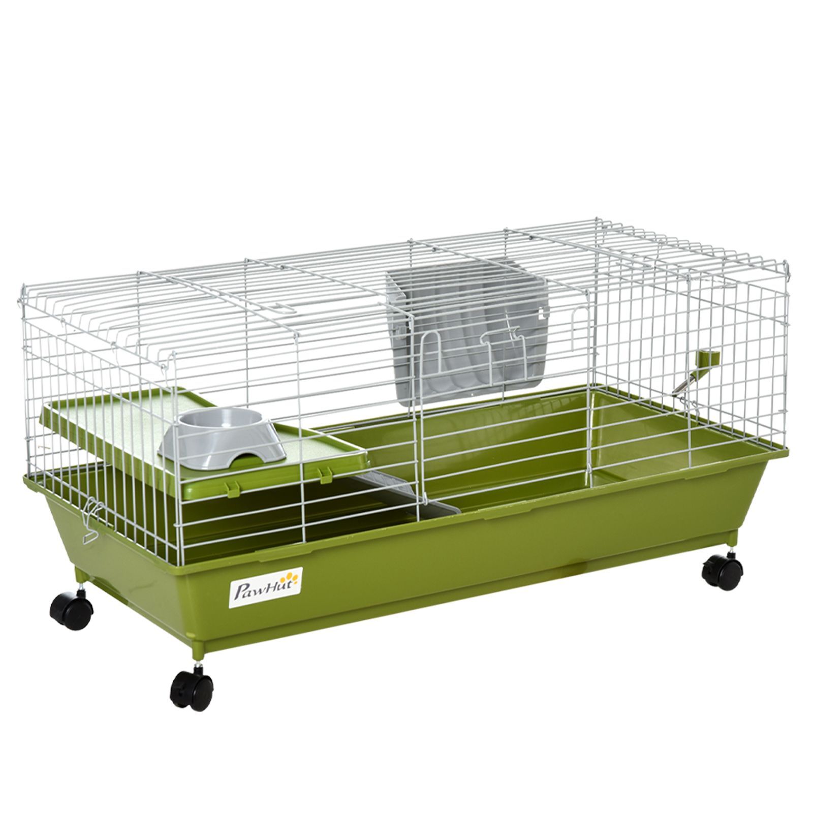Pawhut 35" Small Animal Cage Chinchilla Guinea Pig Hutch Ferret Pet House With Platform Ramp, Food Dish, Wheels, & Water Bottle