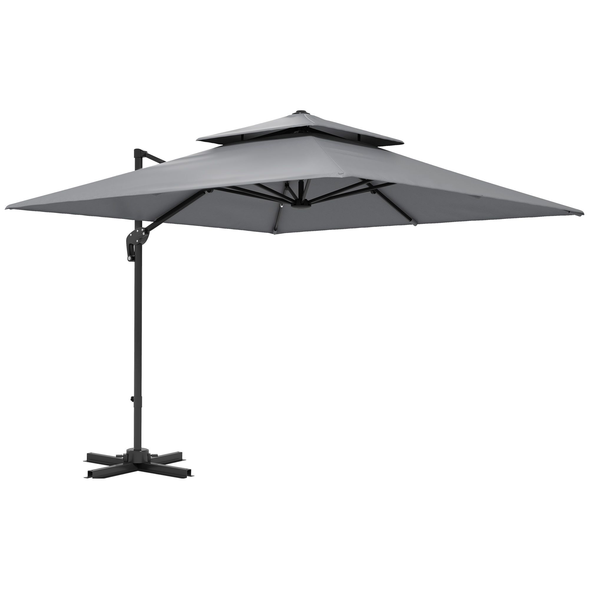 Outsunny 3 X 3(m) Cantilever Parasol With Aluminium Frame, Crank And Tilt, 360° Rotation, Double Top Garden Umbrella With Base And Cover, Light Grey
