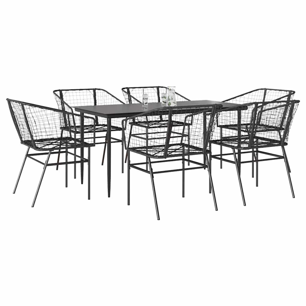 Vidaxl 7 Piece Garden Dining Set Black Poly Rattan Glass