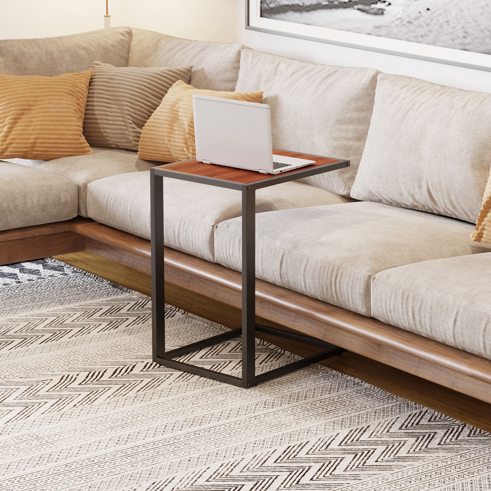 Homcom C-shaped Side Table, Sofa End Table With Metal Frame, Accent Couch Table, Walnut And Black