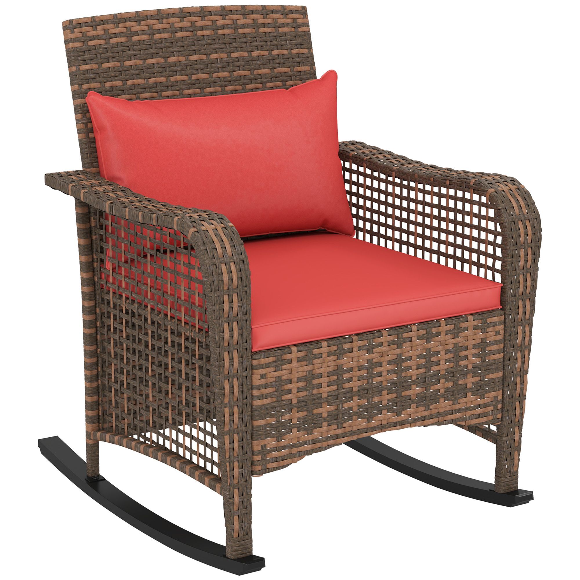 Outsunny Garden Rocking Chair, Outdoor Rattan Rocker Lounge Chair With Seat And Back Cushions, Patio Armchair Seat With All-weather Wicker, Steel Frame For Porch Balcony, Red