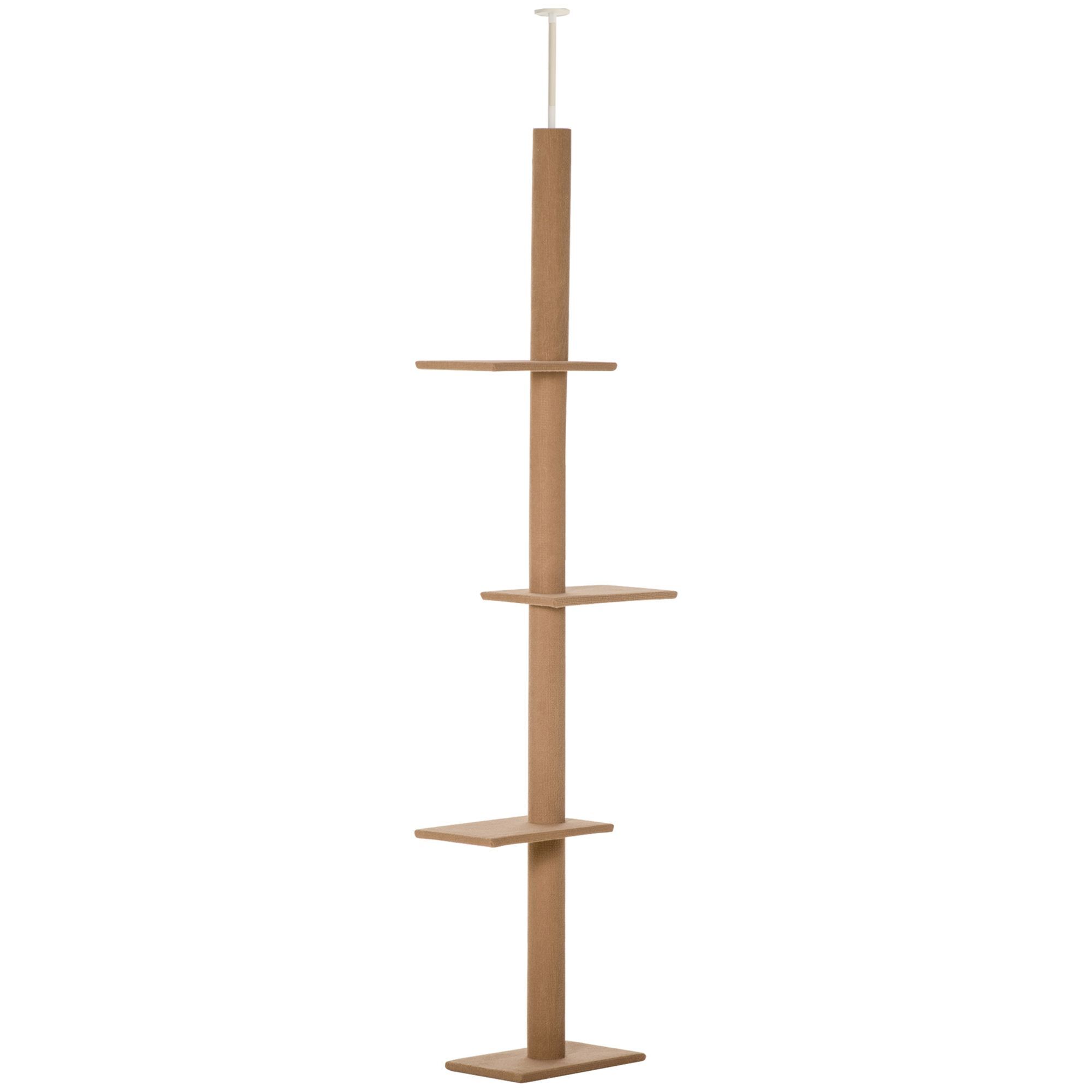 Pawhut 260cm Floor To Ceiling Cat Tree W/ 3 Perches Flannel Upholstery Kitten Pet Rest Sleep Activity Tower Home Furniture Brown