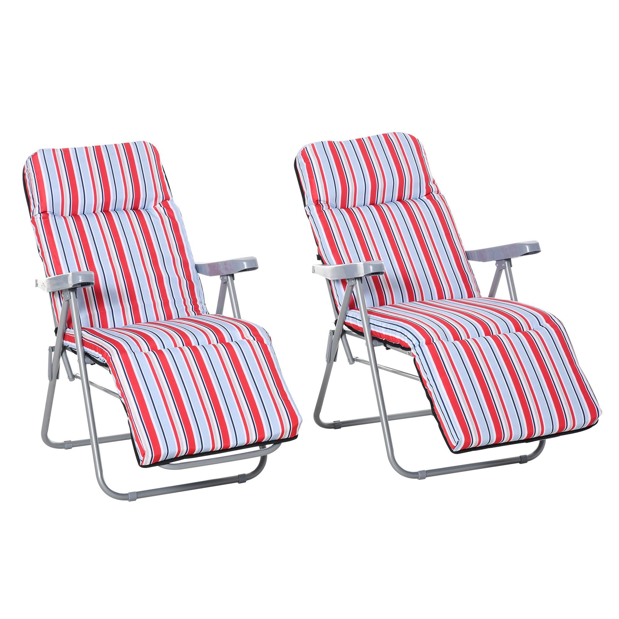 Outsunny Set Of 2 Garden Sun Lounger Outdoor Reclining Seat Cushioned Seat Foldable Adjustable Recliner Red And White