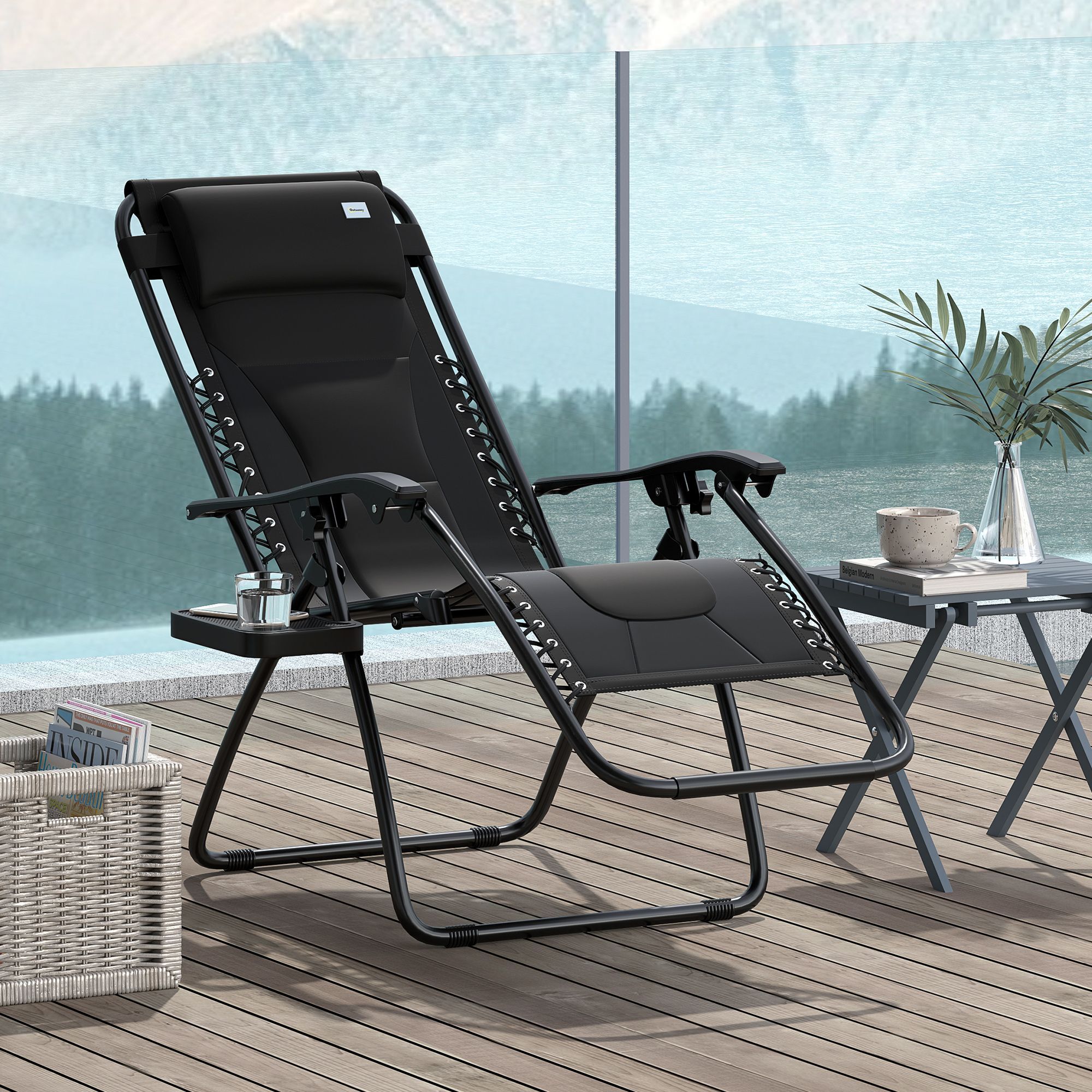 Outsunny Foldable Reclining Garden Chair, Zero Gravity Chair With Padded Seat, Cup Holder, Adjustable Backrest, Pillow For Outdoor, Patio, Deck, Black