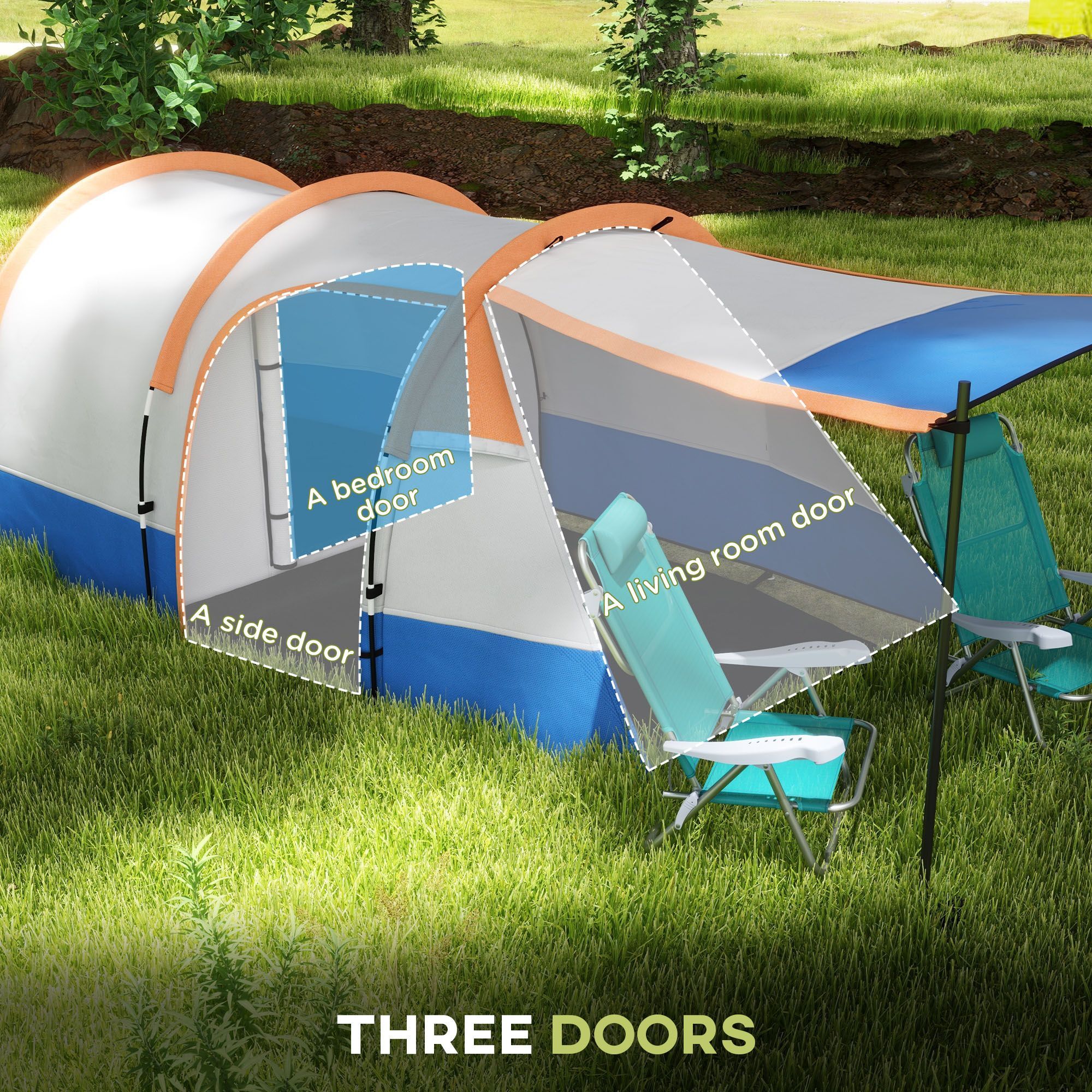 Outsunny Camping Tent, Large Tunnel Tent With Bedroom And Living Area, 2000mm Waterproof, Portable With Bag For 2-3 Man, Orange