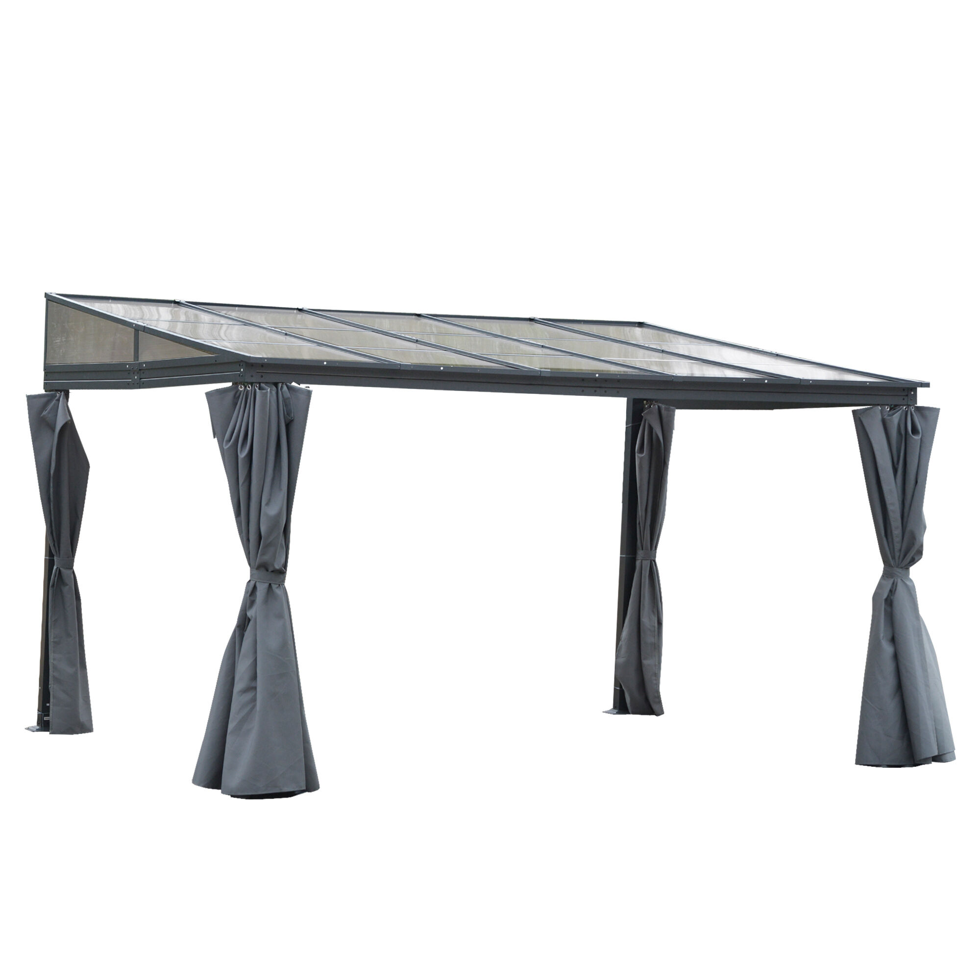 Outsunny 4 X 3(m) Outdoor Hardtop Pergola Pc Roof Wall Lean To Aluminium Gazebo Party Tent Garden Sun Shelter Marquee Pavilion With Curtains, Grey