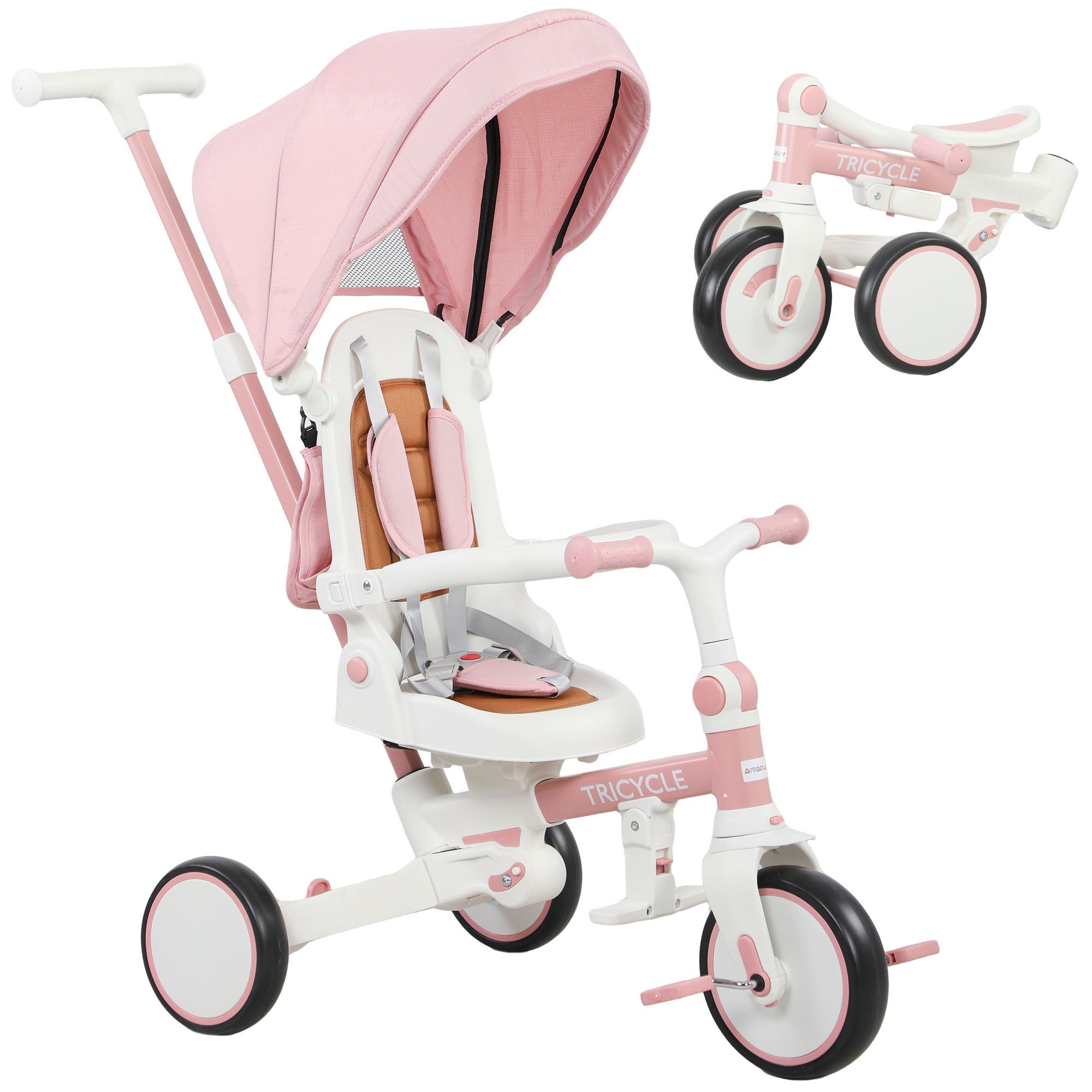 Aiyaplay 5 In 1 Kids Trike With Adjustable Backrest, Toddler Tricycle With Push Handlebar, Adjustable Backrest, Pink