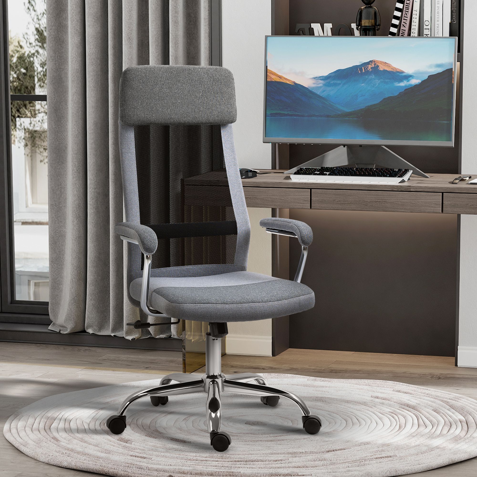 Vinsetto Office Chair Linen-feel Mesh Fabric High Back Swivel Computer Task Desk Chair For Home With Arm, Wheels, Grey