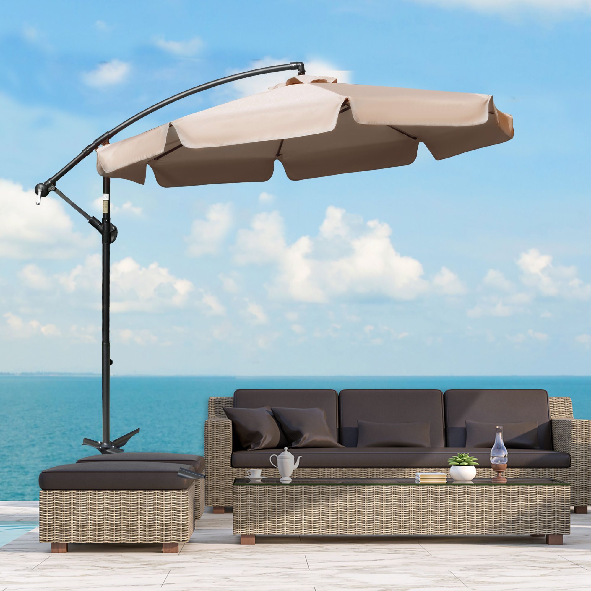 Outsunny 2.7m Cantilever Parasol Banana Sun Umbrella With Crank Handle And Cross Base For Outdoor Hanging Sun Shade Light Brown
