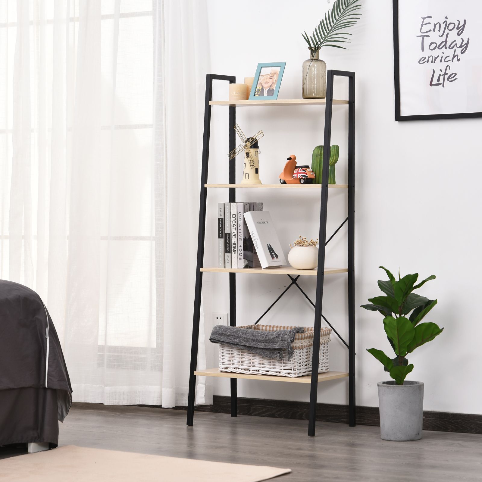Homcom 4-tier Vintage Ladder Shelf Bookcase Wood Storage Rack Stand Plants Display Black Natural