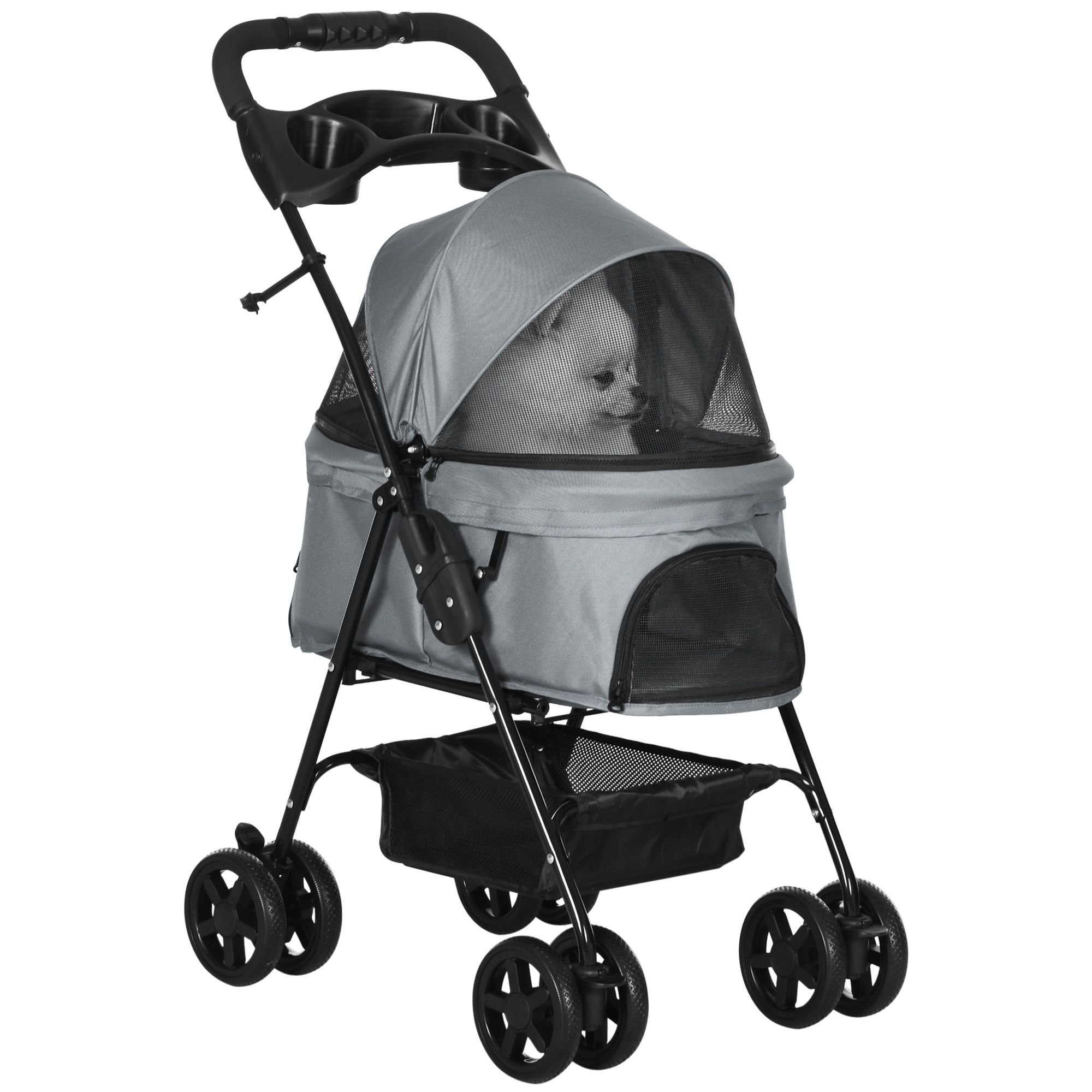 Pawhut Pet Stroller Dog Cat Travel Pushchair One-click Fold Trolley Jogger With Eva Wheels Brake Basket Adjustable Canopy Safety Leash Grey