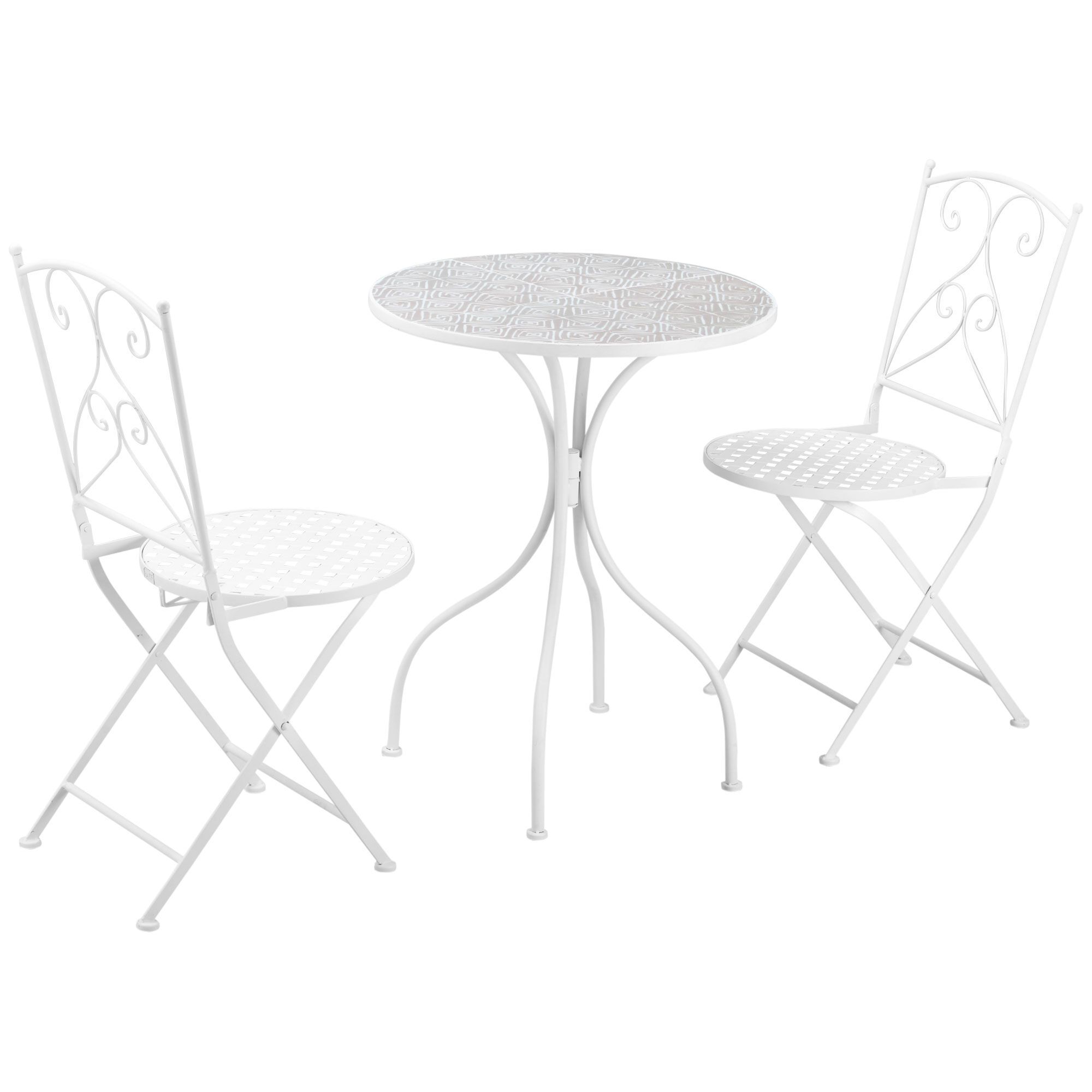 Outsunny 3 Piece Garden Bistro Set, Folding Outdoor Chairs And Mosaic Round Tabletop, Metal, Balcony White