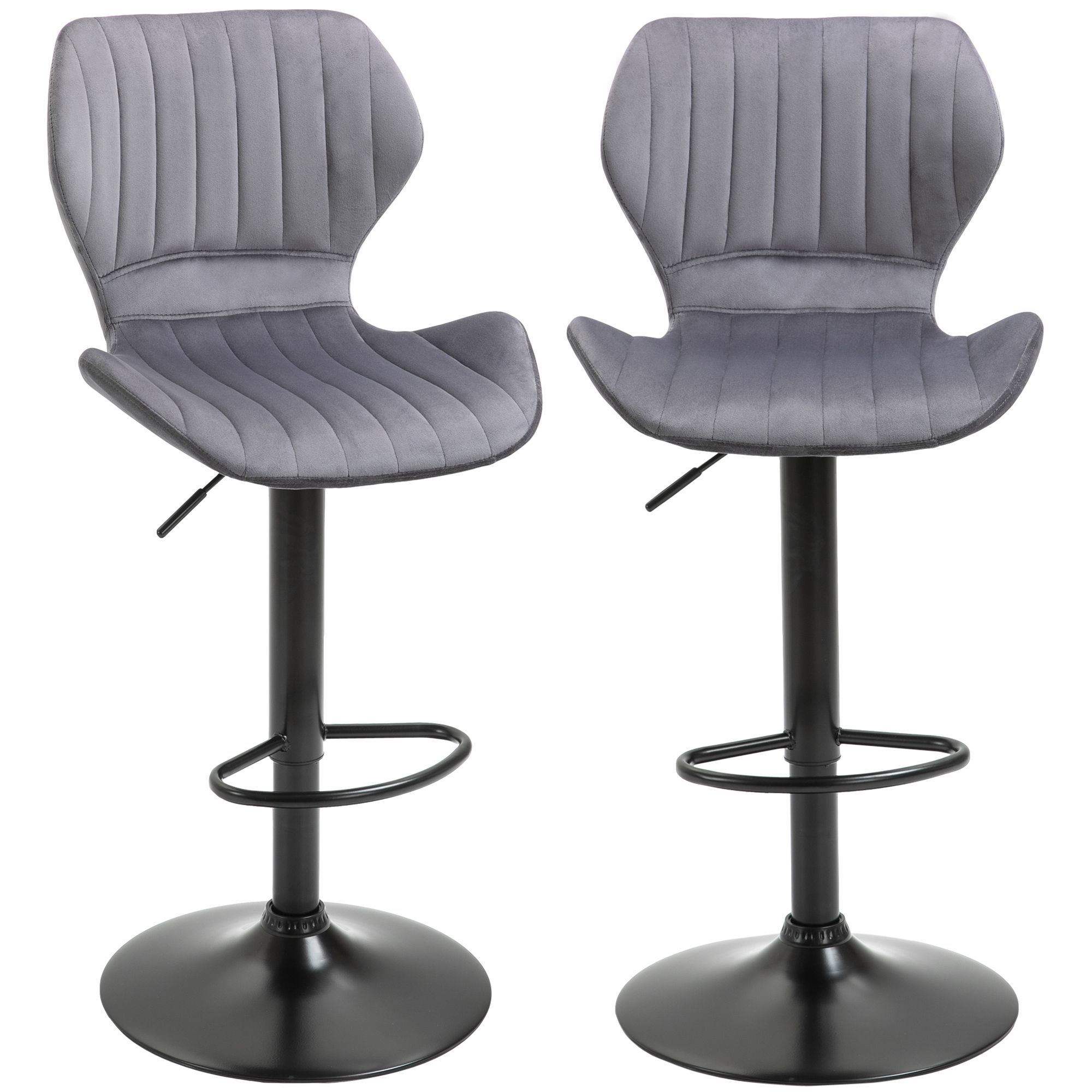 Homcom Bar Stool Set Of 2 Velvet-touch Fabric Adjustable Height Swivel Counter Chairs With Footrest, Grey