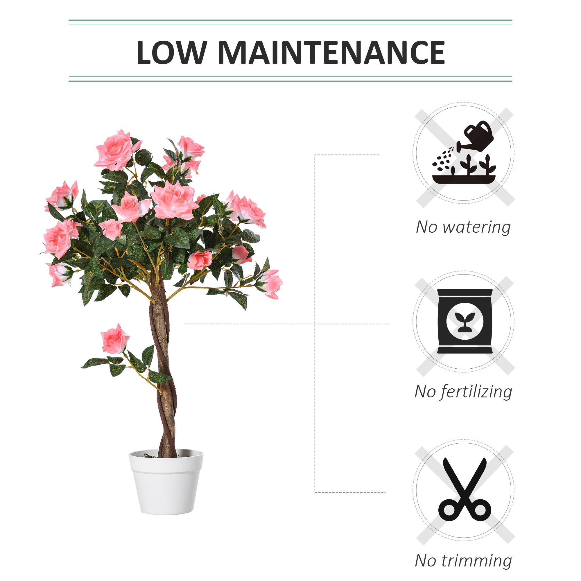 Outsunny 90cm/3ft Artificial Rose Tree Fake Decorative Plant W/ 21 Flowers Pot Faux Decoration Home Office Décor Pink & Green