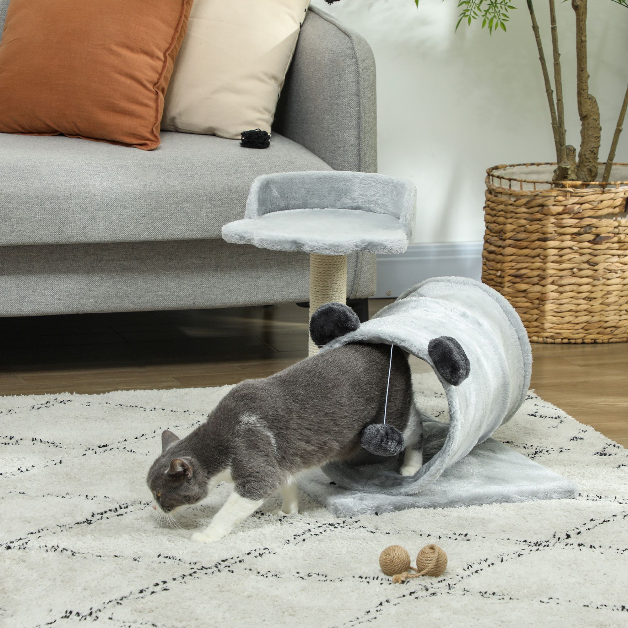 Pawhut 47cm Small Cat Tree W/ Scratching Post, Bed, Cat Tunnel, Toy Ball, Grey
