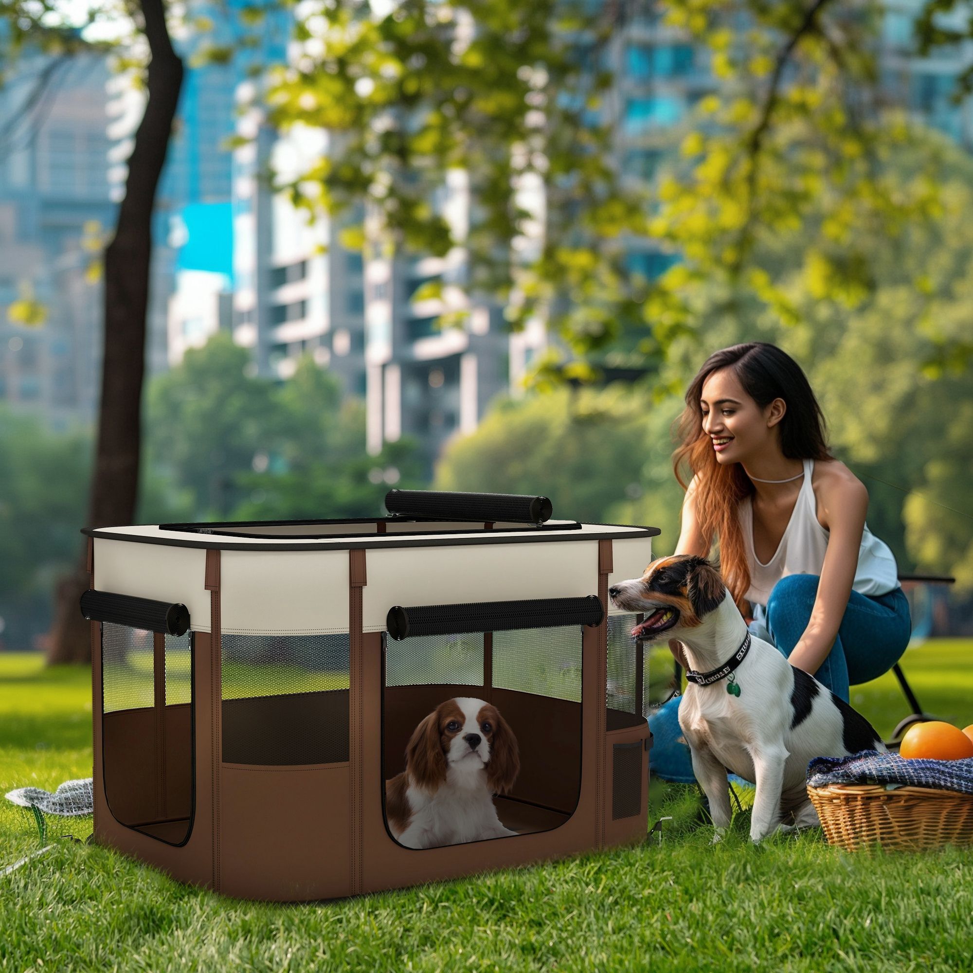 Pawhut Foldable Dog Pen With Storage Bag For Indoor/outdoor Use, Brown