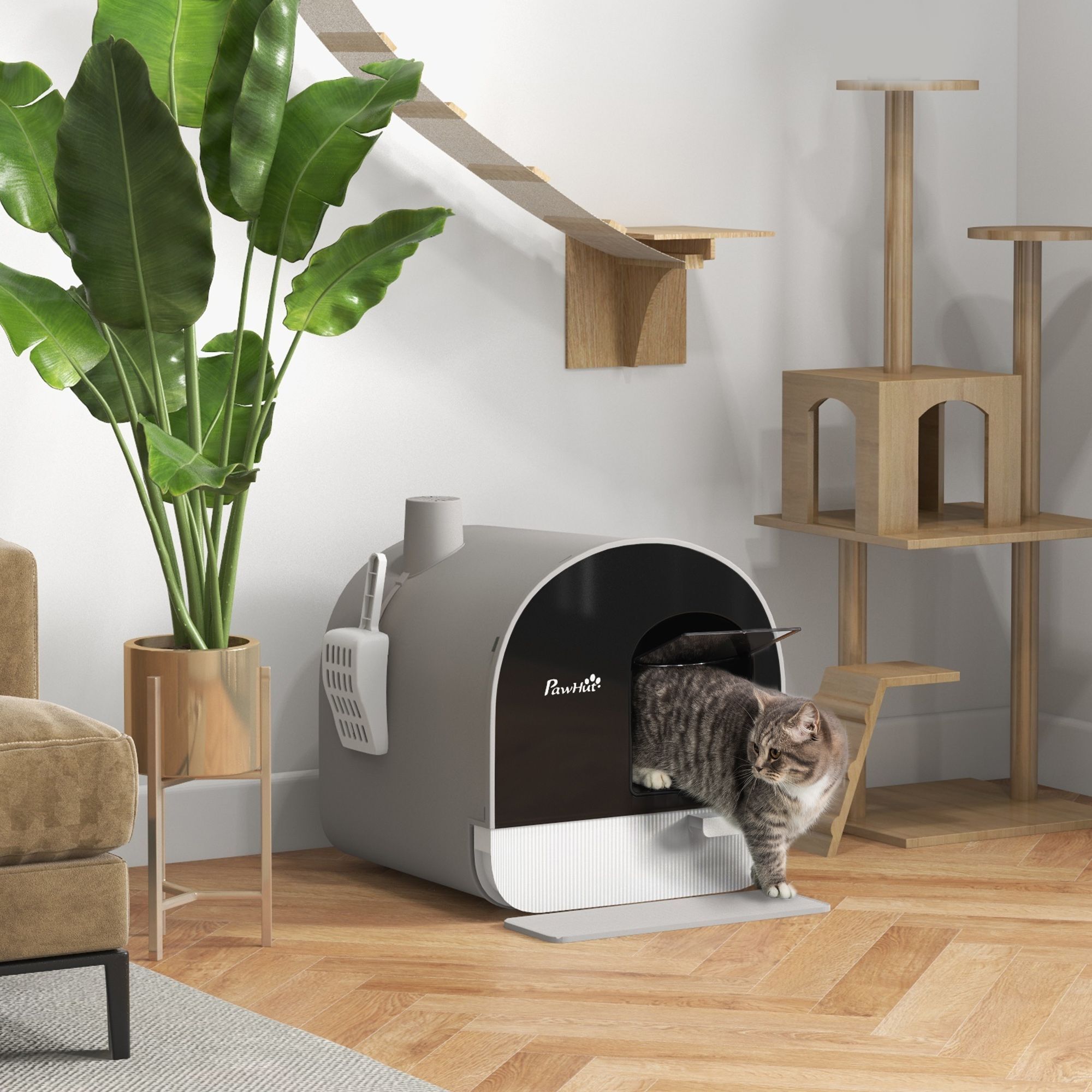 Pawhut Hooded Cat Litter Box, Kitten Litter Tray, With Lid, Scoop, Filter, Flap Door, Light Grey