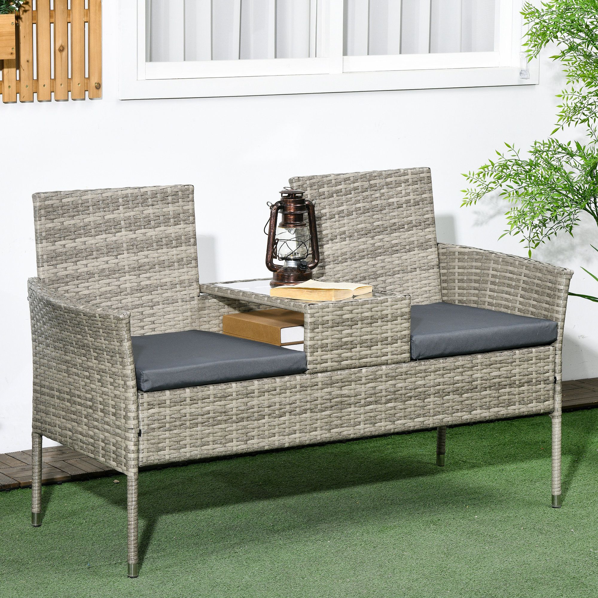 Outsunny Two-seat Rattan Chair, With Middle Table - Mixed Grey