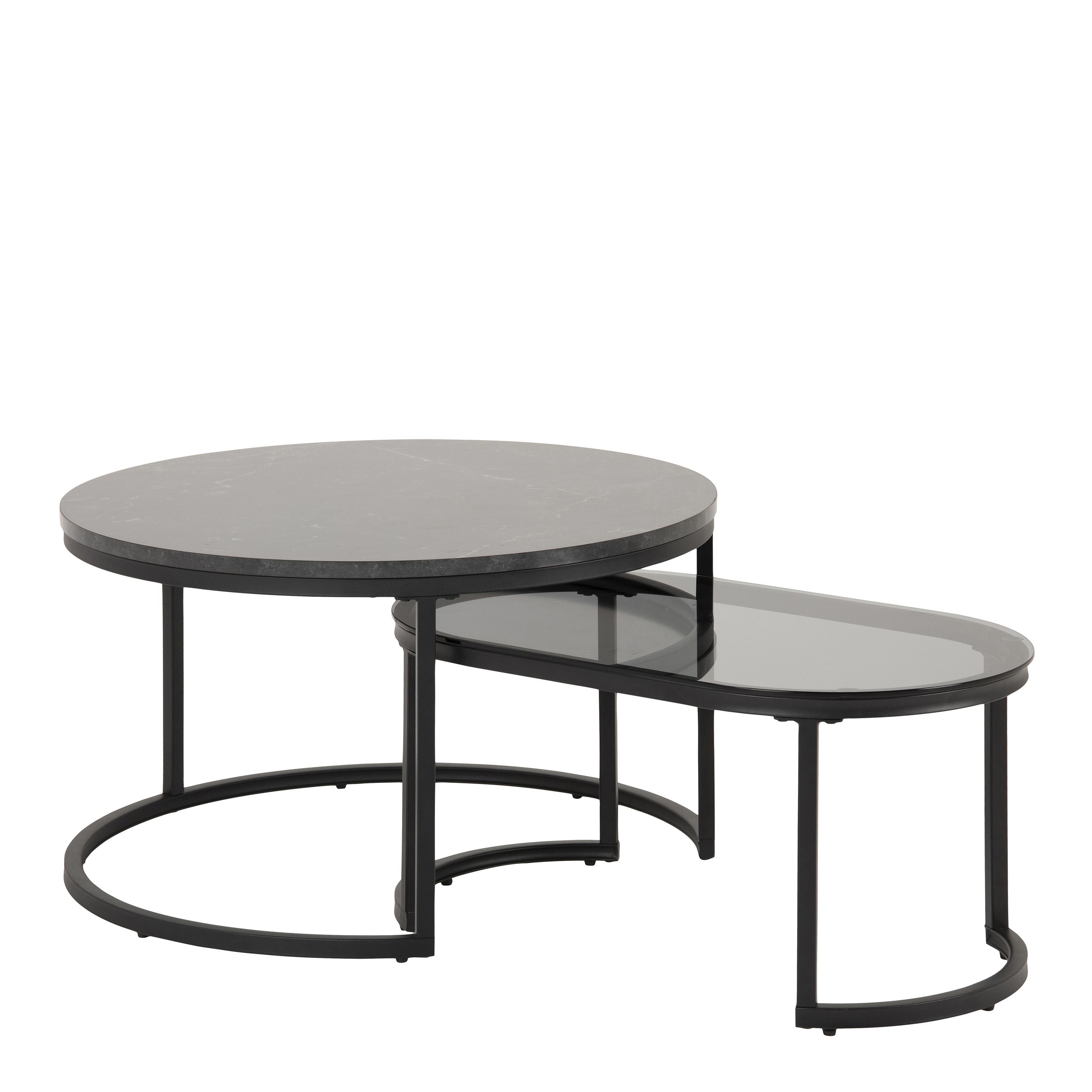 Spiro Round/oval Coffee Table Set With Black Marble/smoked Melamine Glass Top