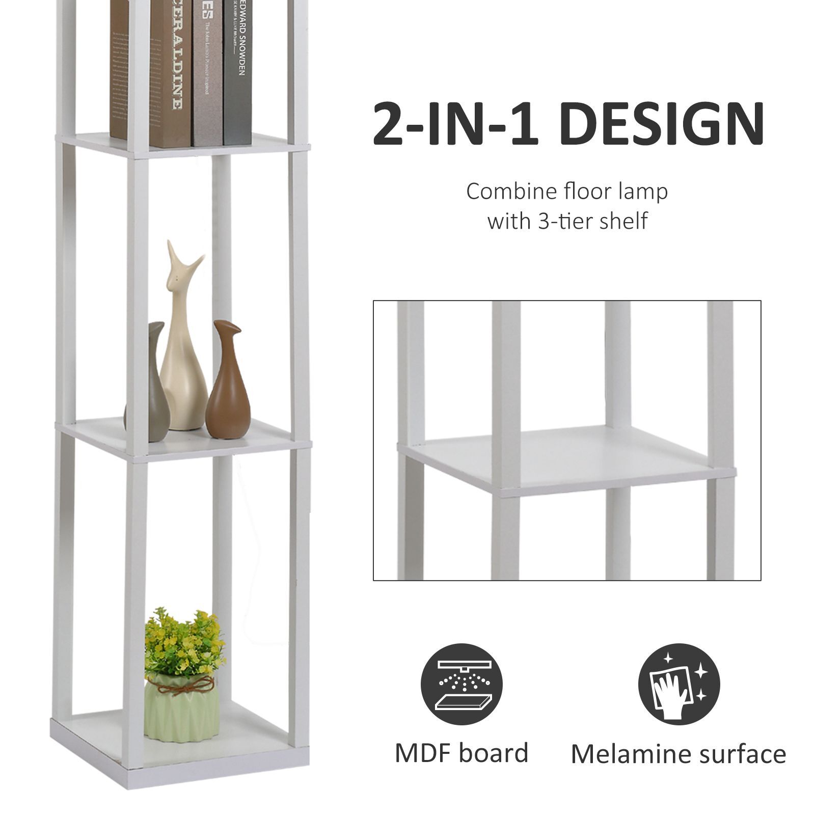 Homcom Standing Lamp, Floor Light With 4-tier Storage Shelf, Reading Standing Lamp White
