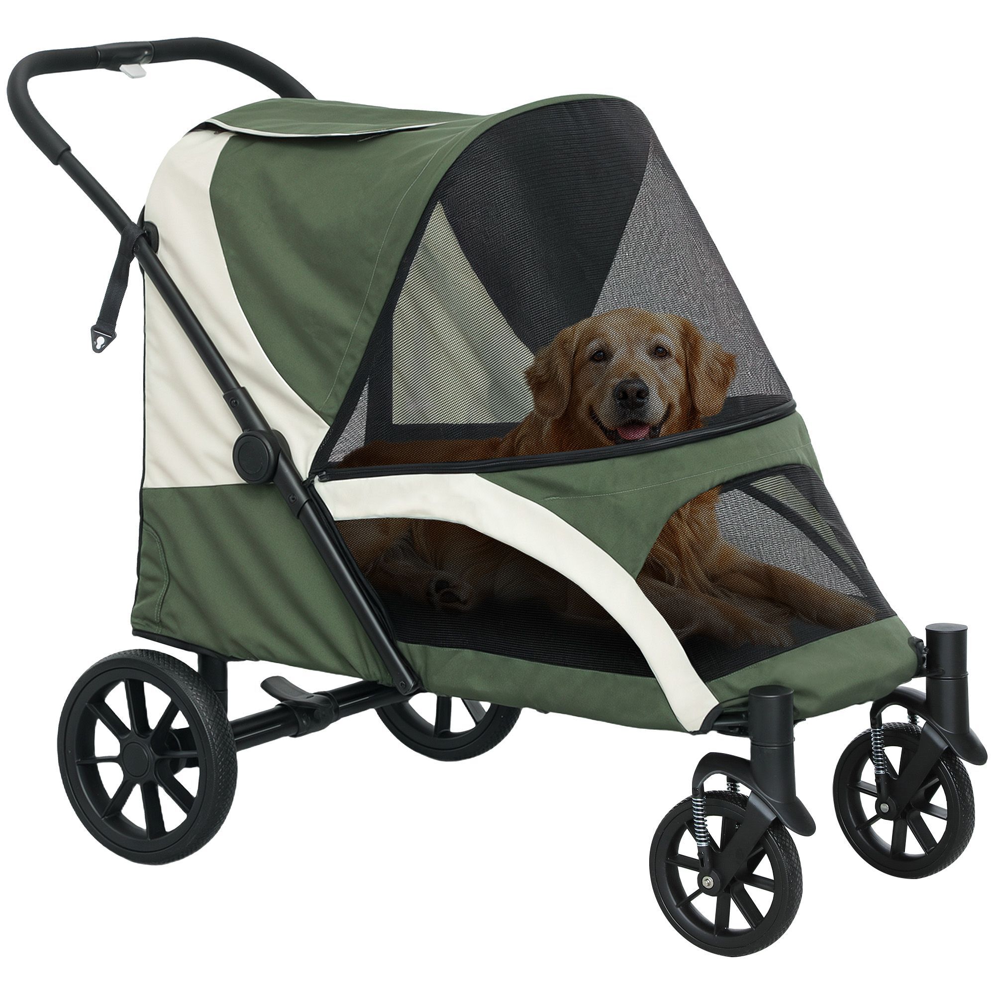 Pawhut Easy Folding Pet Stroller For Large Dogs With 4 Big Wheels, Shock Absorb Frame, Safety Leashes, Brakes, Dark Green