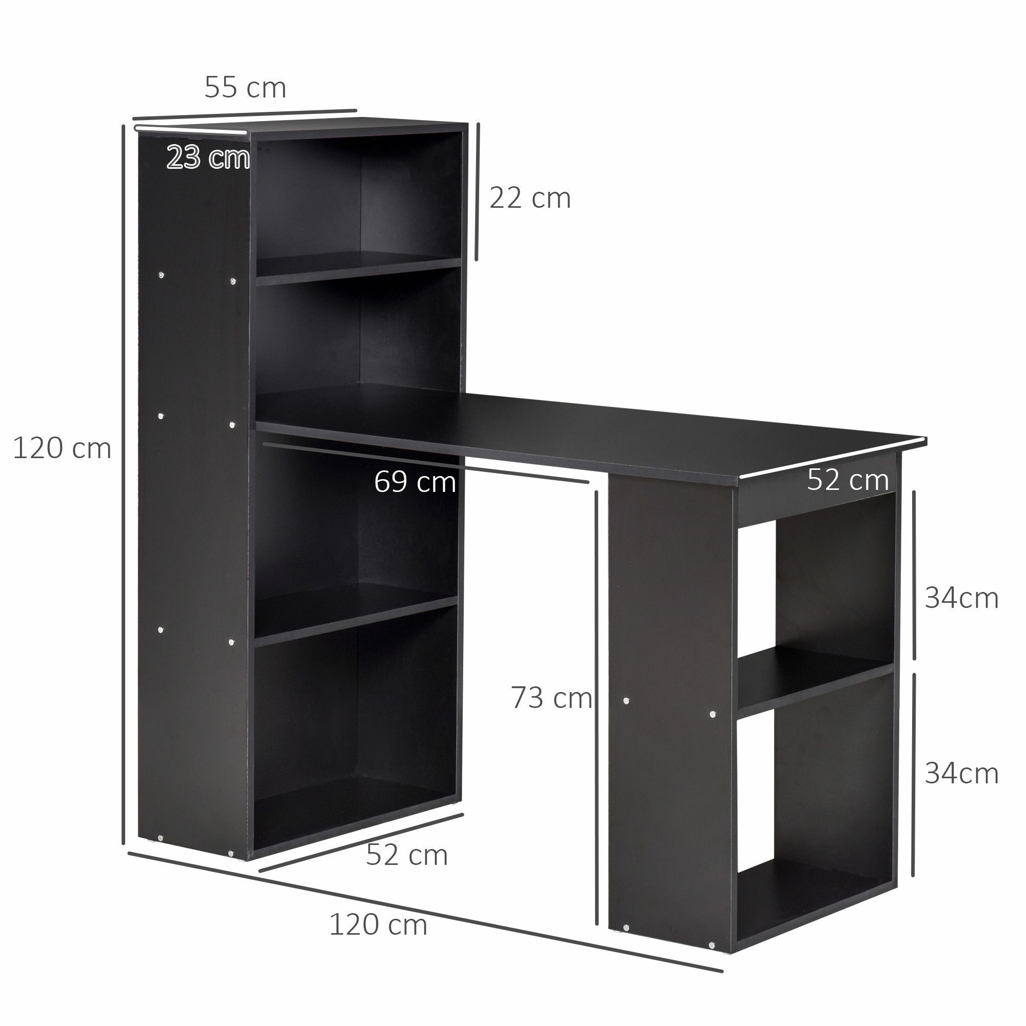 Homcom 120cm Modern Computer Desk Bookshelf Writing Table Workstation Pc Laptop Study Home Office 6 Shelves Black