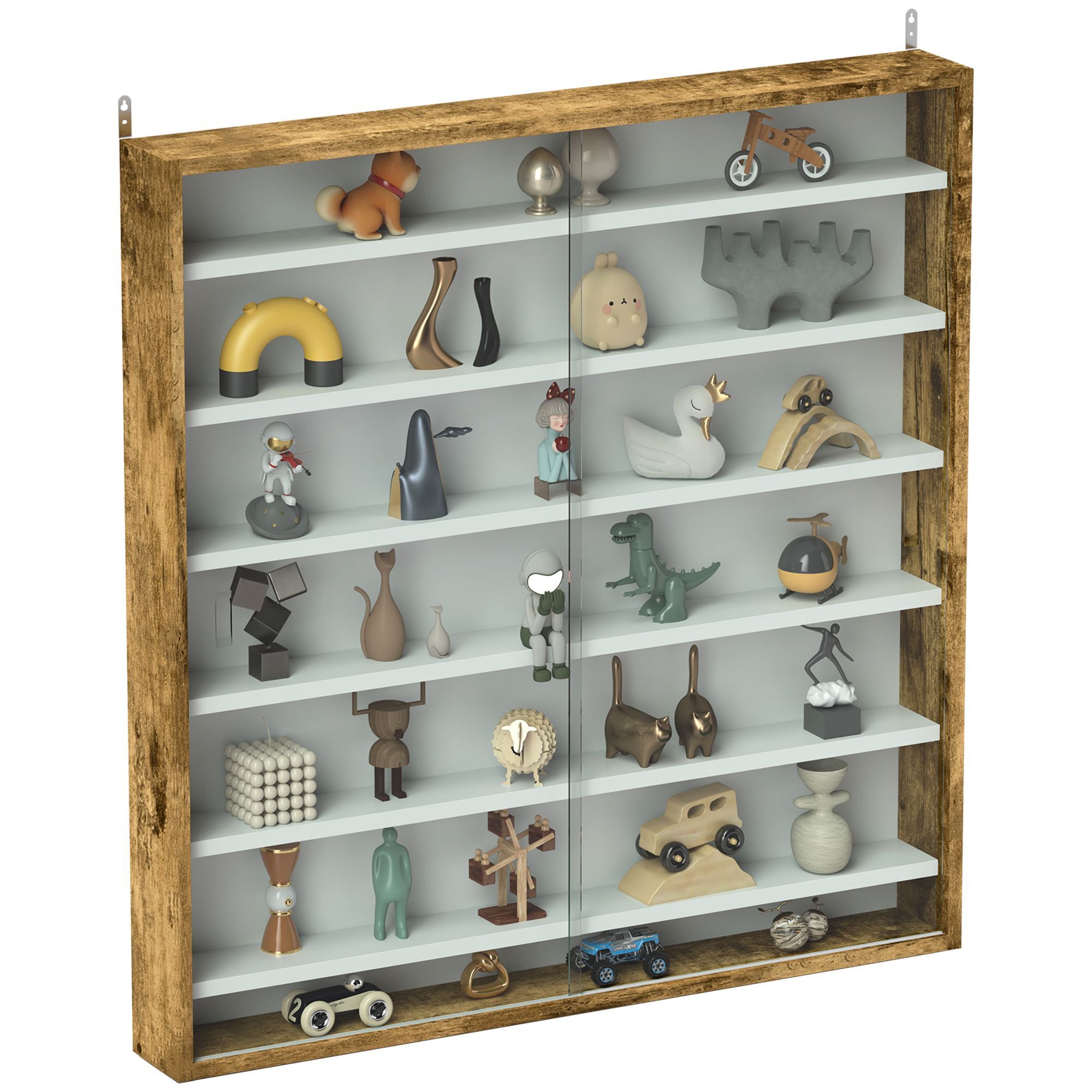 Homcom 7-tier Wall Display Shelf Unit Cabinet W/ 6 Adjustable Shelves Glass Doors Home Office Ornaments 83x80cm, Rustic Brown