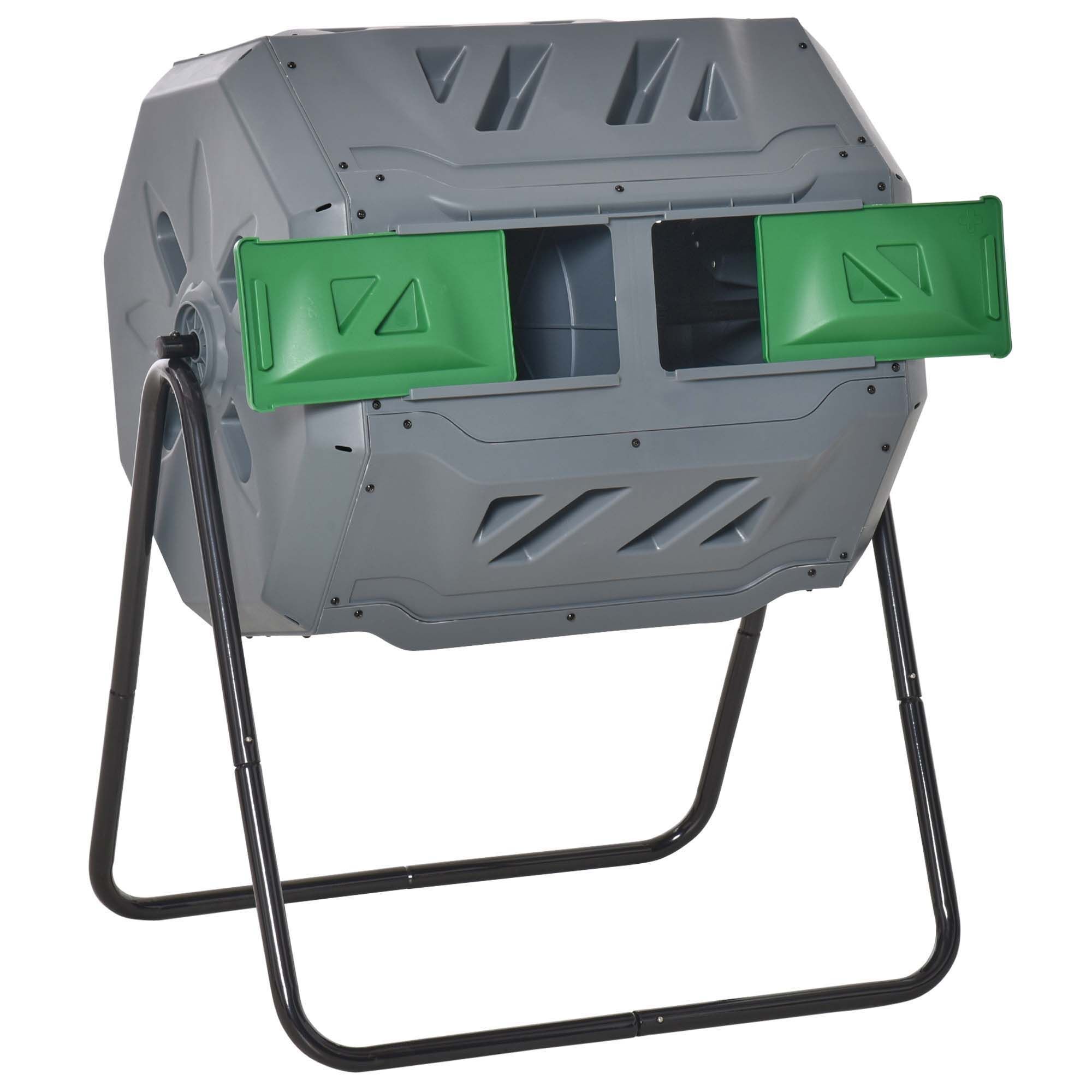 Outsunny 160l Tumbling Compost Bin Outdoor Dual Chamber 360° Rotating Composter W/ Sliding Doors & Solid Steel Frame, Grey