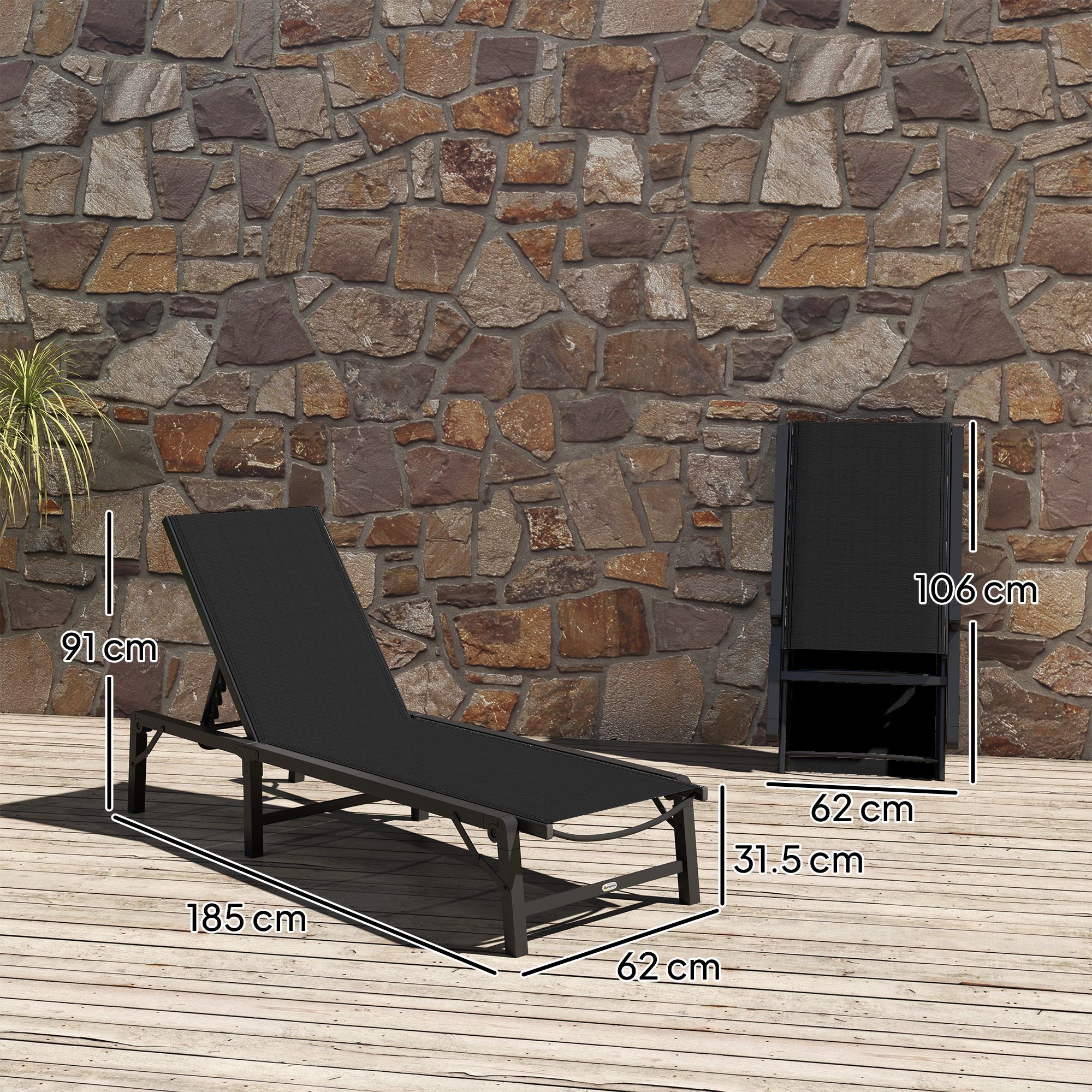 Outsunny Folding Sun Lounger, 5-position Adjustable Garden Chaise Lounge Sunbed, Steel Frame Reclining Chair For Beach, Porch, Patio, Camping, Black