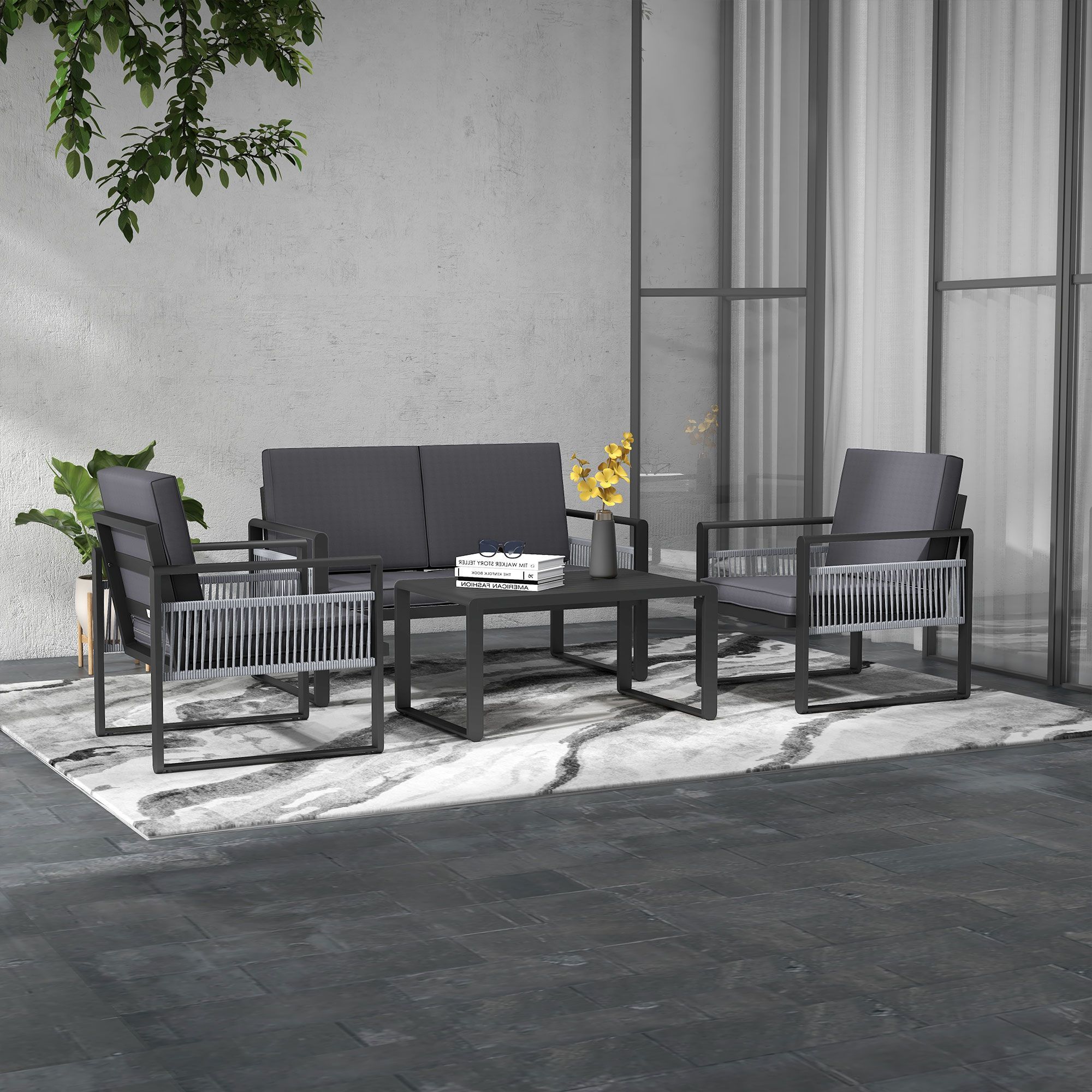 Outsunny Four-piece Aluminium Garden Dining Set, With Cushions
