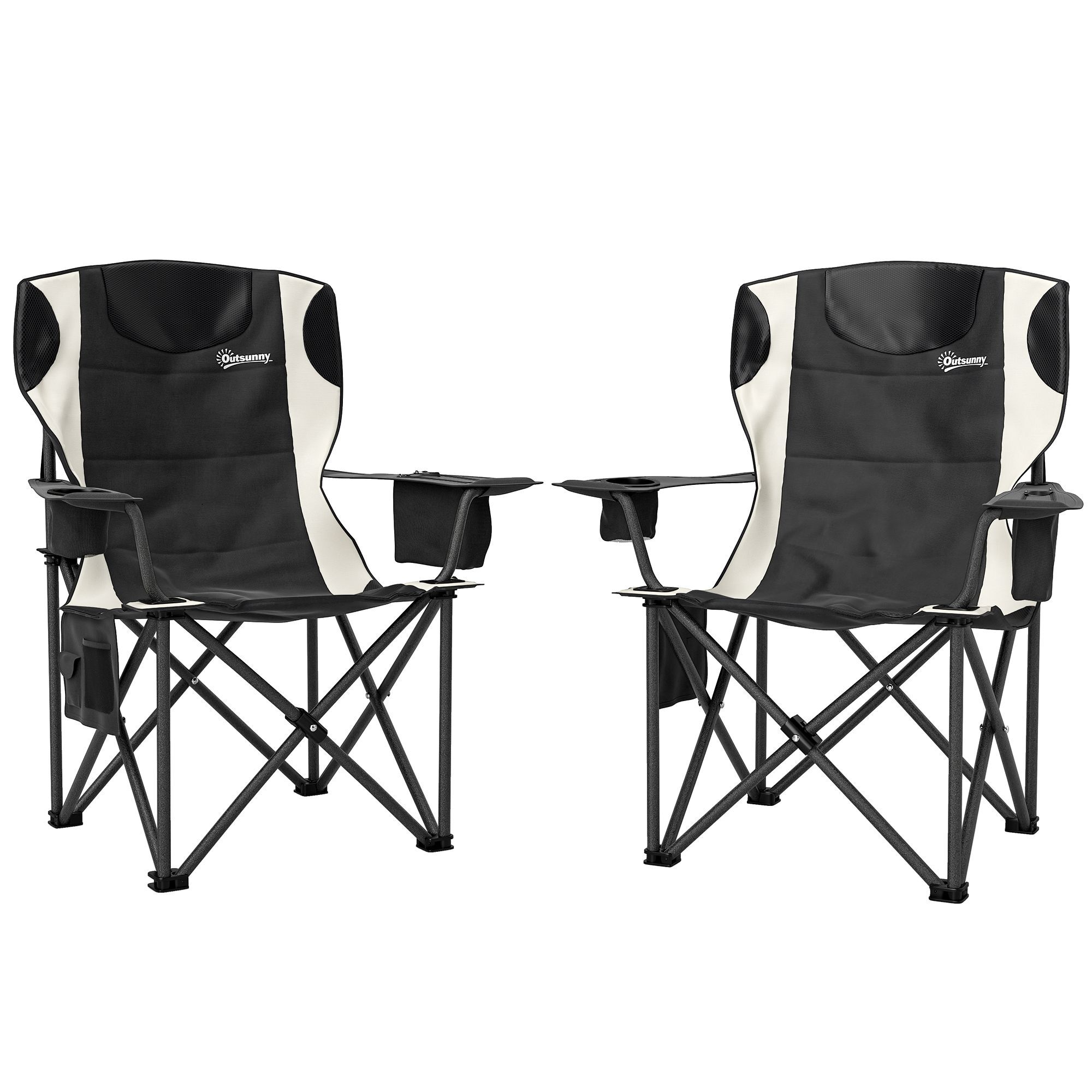 Outsunny Set Of 2 Folding Camping Chairs, Padded Camping Chairs With Adjustable Armrests, Portable & Lightweight Folding Camp Chair With Cooler Bag, Cup Holder And Side Pockets, Black