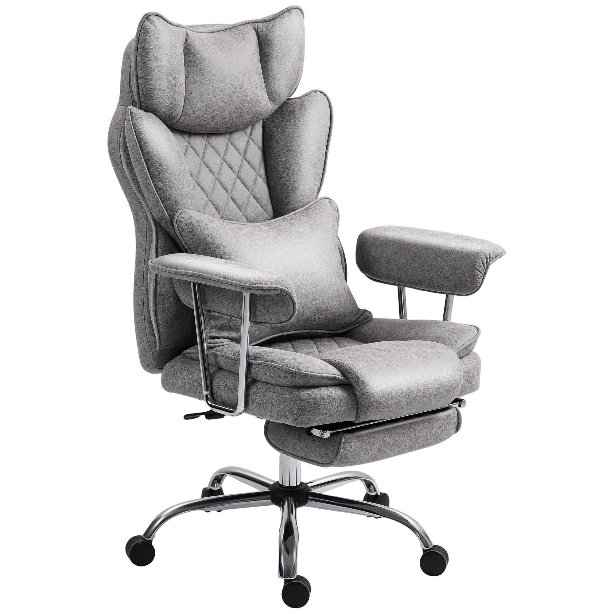 Homcom Leathaire Reclining Office Chair With Lumbar Support Pillow - Grey