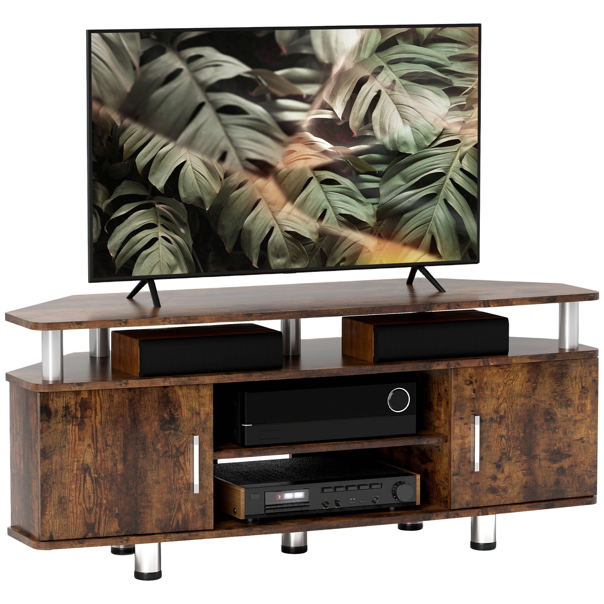 Homcom Tv Unit Cabinet For Tvs Up To 55 Inches With Storage Shelves And Cupboard, Entertainment Centre For Living Room, Rustic Brown