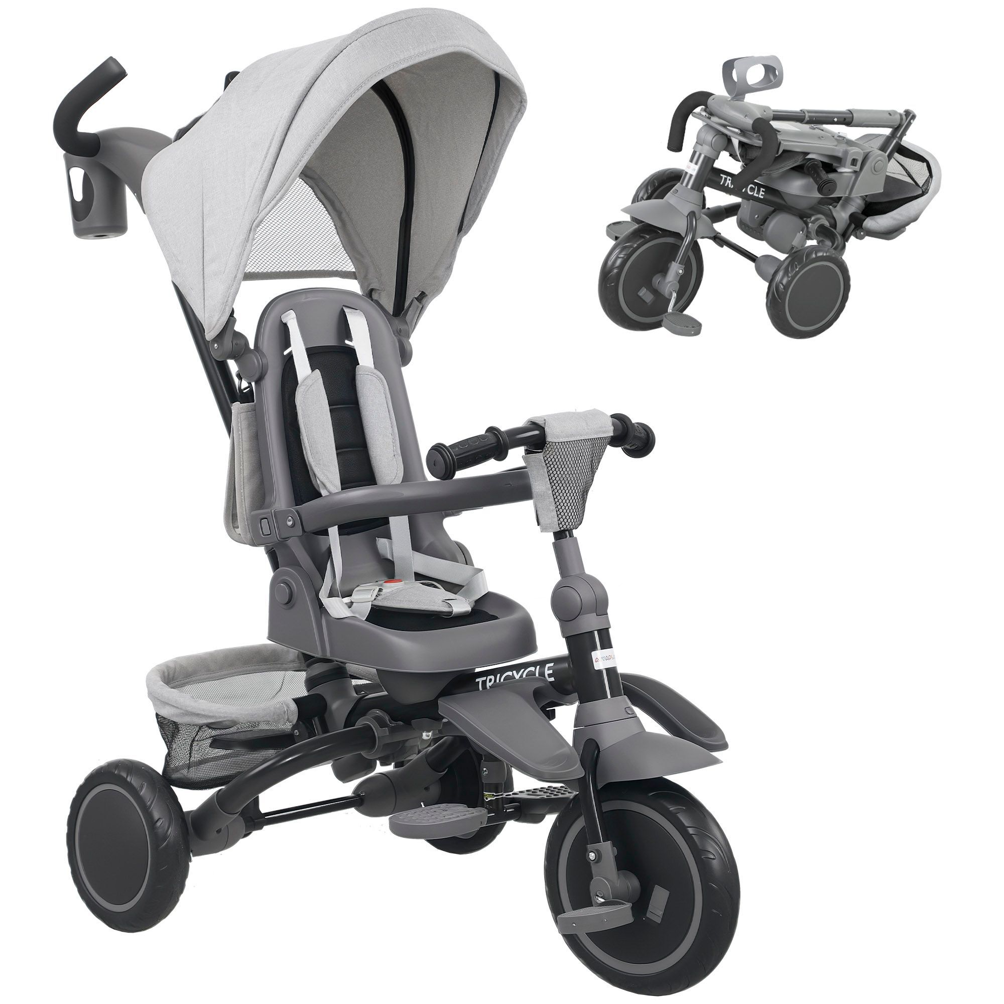 Aiyaplay 6 In 1 Foldable Kids Trike With Adjustable Parent Handle & Canopy For Ages 1-5, Grey