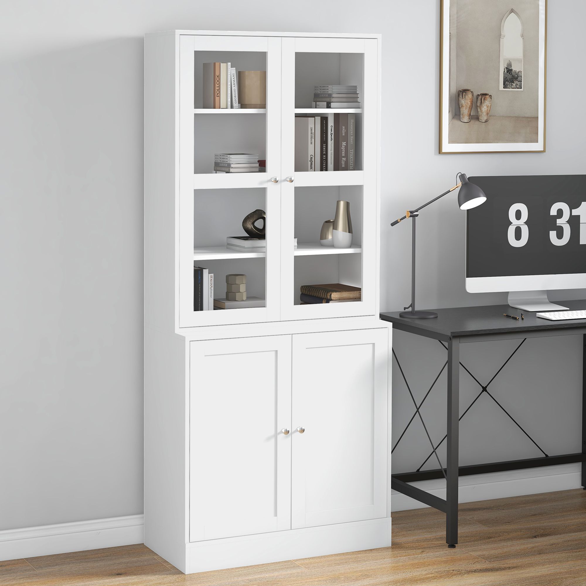 Homcom Modern Bookcase With Doors, Display Storage Cabinet With Adjustable Shelves, White