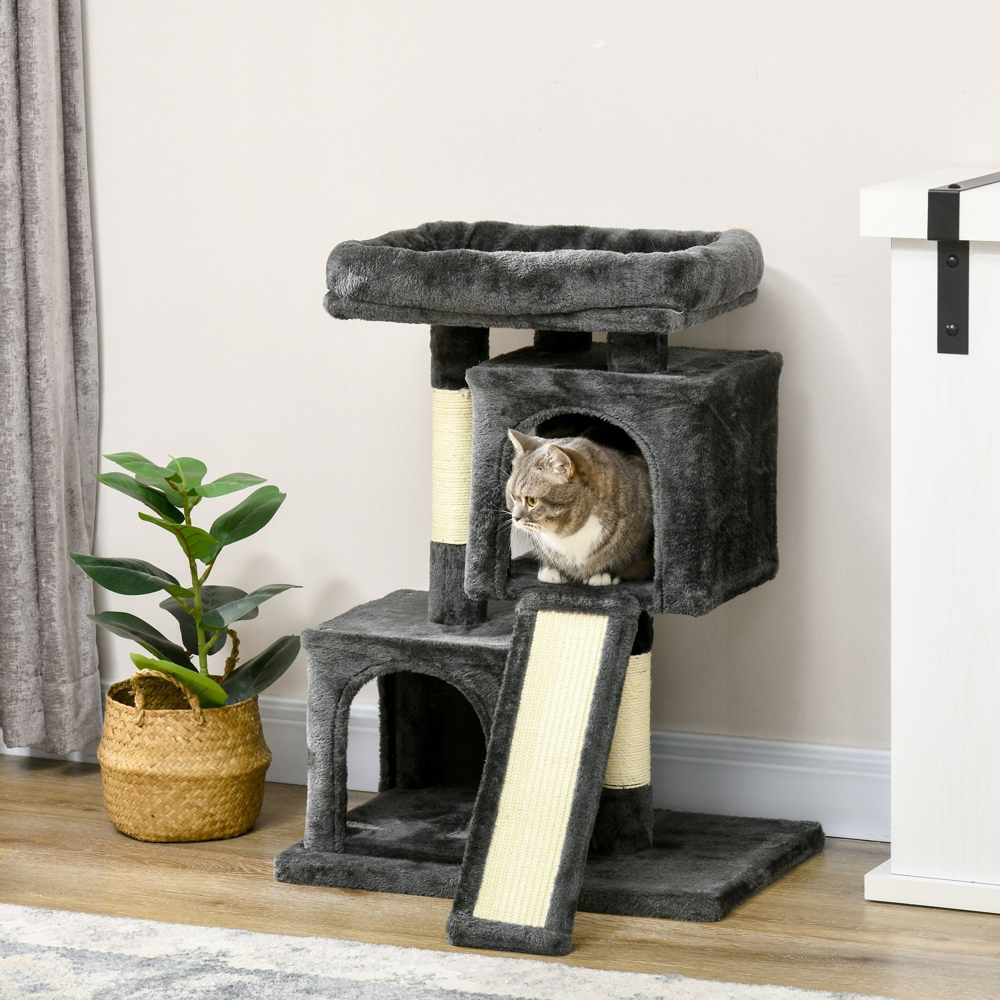 Pawhut Cats 3-tier Sisal Rope Leisure Tree Dark Grey
