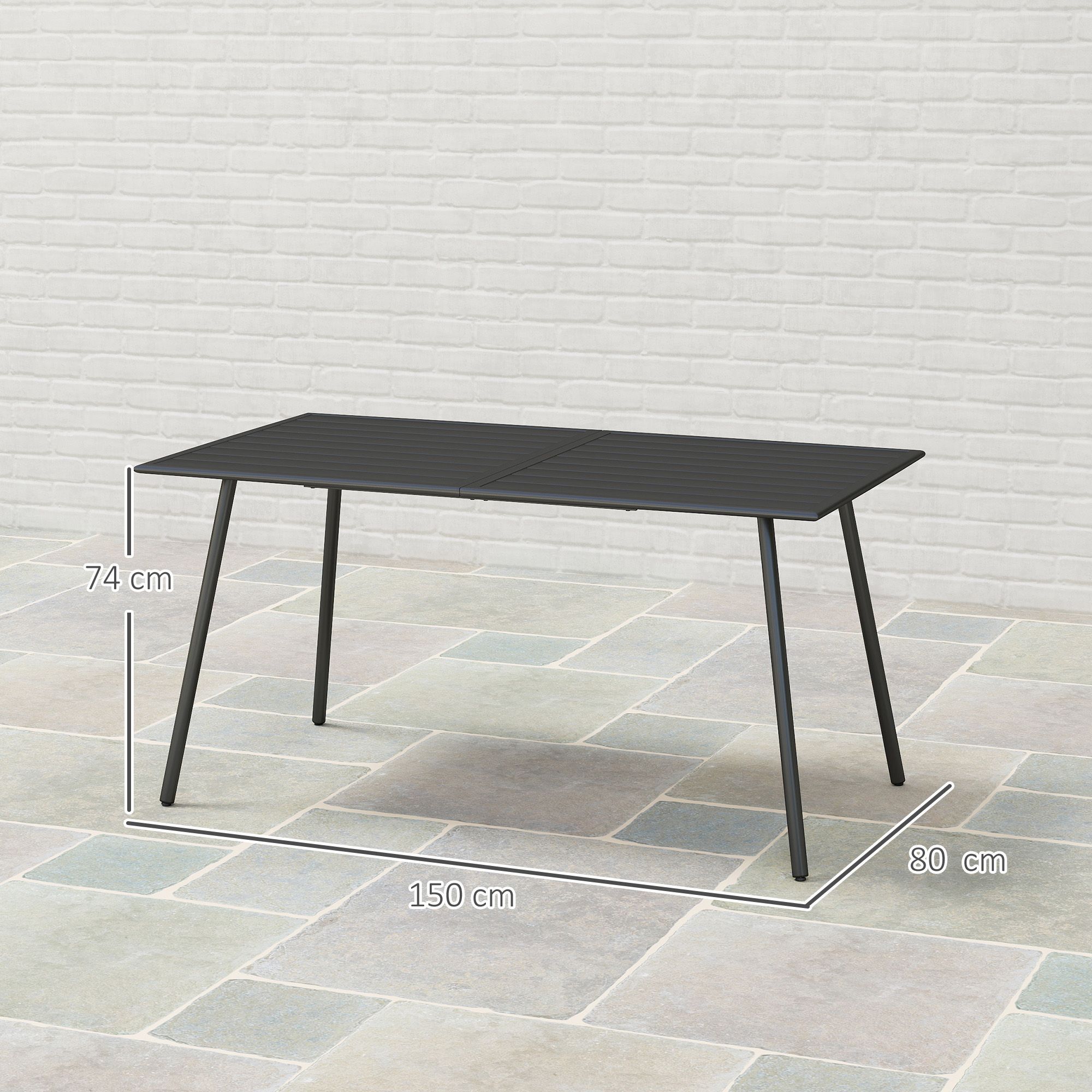 Outsunny Rectangle Garden Table With Slat Top, Steel Frame, Outdoor Table For 6 Person, 150 X 80 X 74 Cm, Black