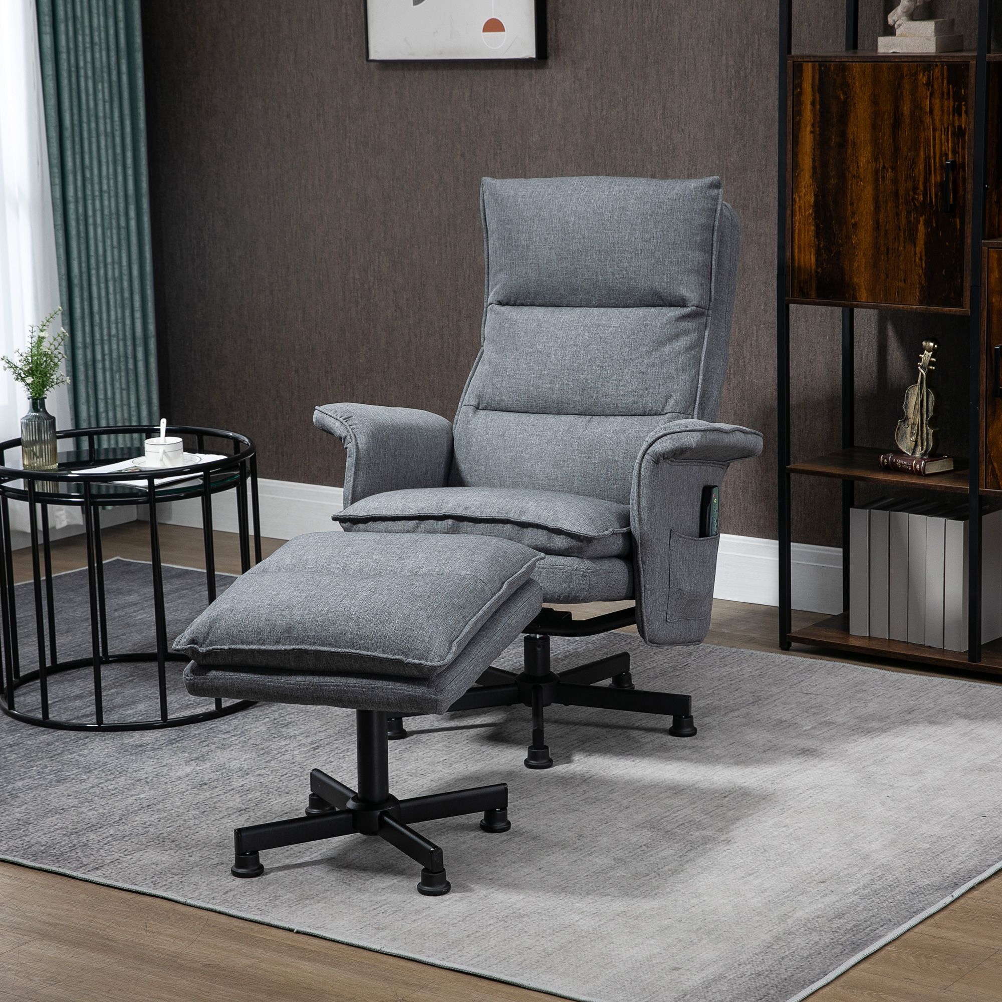Homcom Swivel Recliner Chair And Footstool, Upholstered Massage Recliner Armchair With Remote Control, Timer And Steel Base, Grey