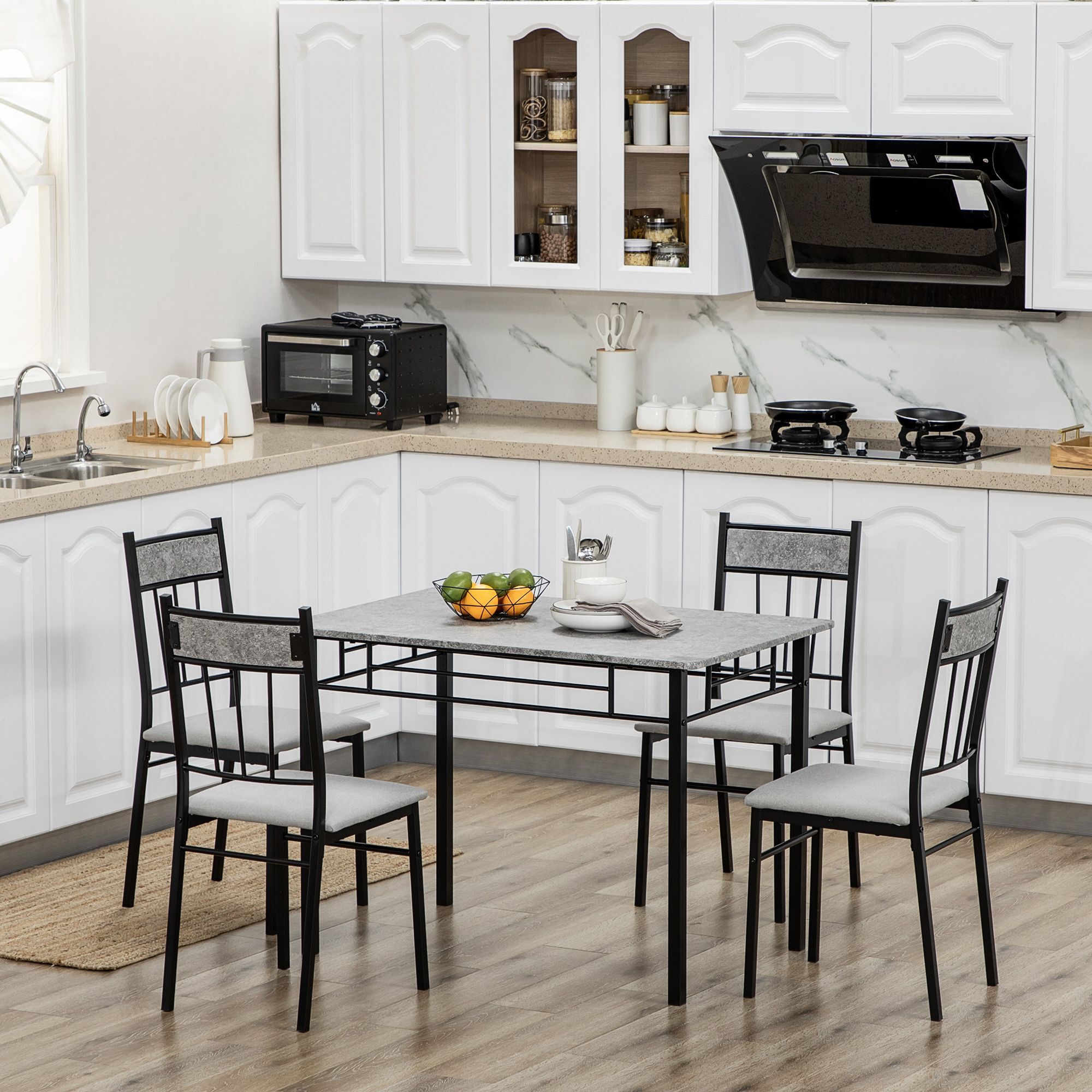 Homcom 5 Pieces Dining Room Sets, Modern Dining Table And Chairs Set 4 With Marble Effect Tabletop, Padded Kitchen Chairs And Metal Frame, Light Grey