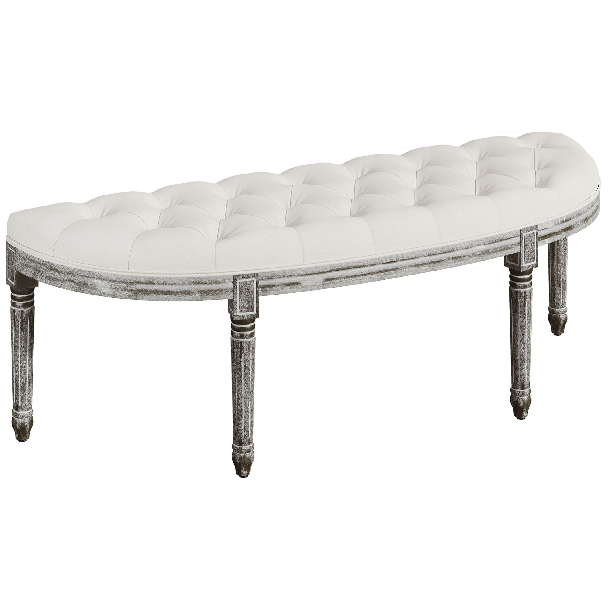 Homcom Half-circle End Bench Ottoman Footstool Tufting Padded Seat Brushed Wood Base Antique Accents Home Seat Furniture Cream White