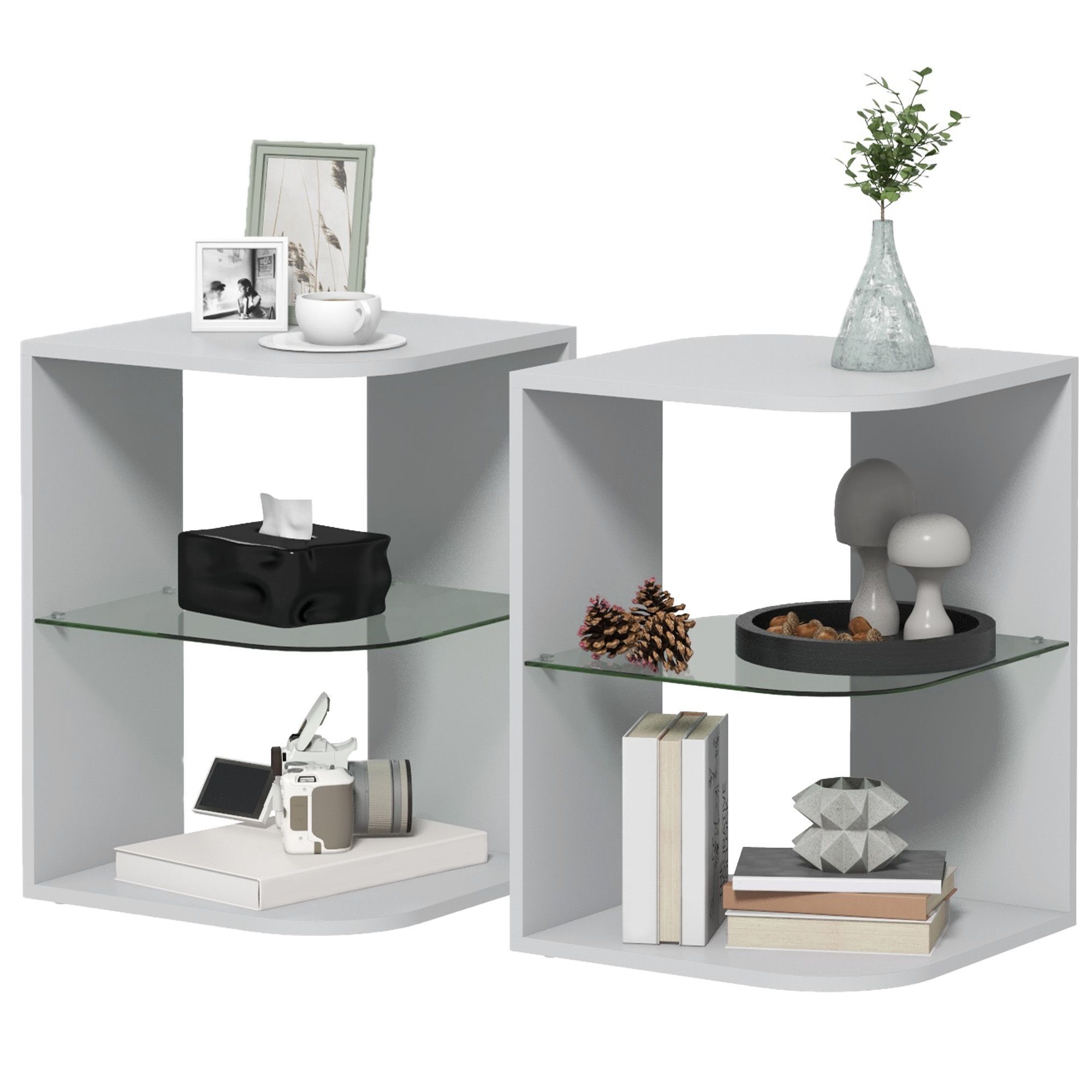 Homcom Modern Side Table Set Of 2, Three Layer Bedside Table Nightstand With 2 Storage Shelves, For Living Room, Bedroom, Grey