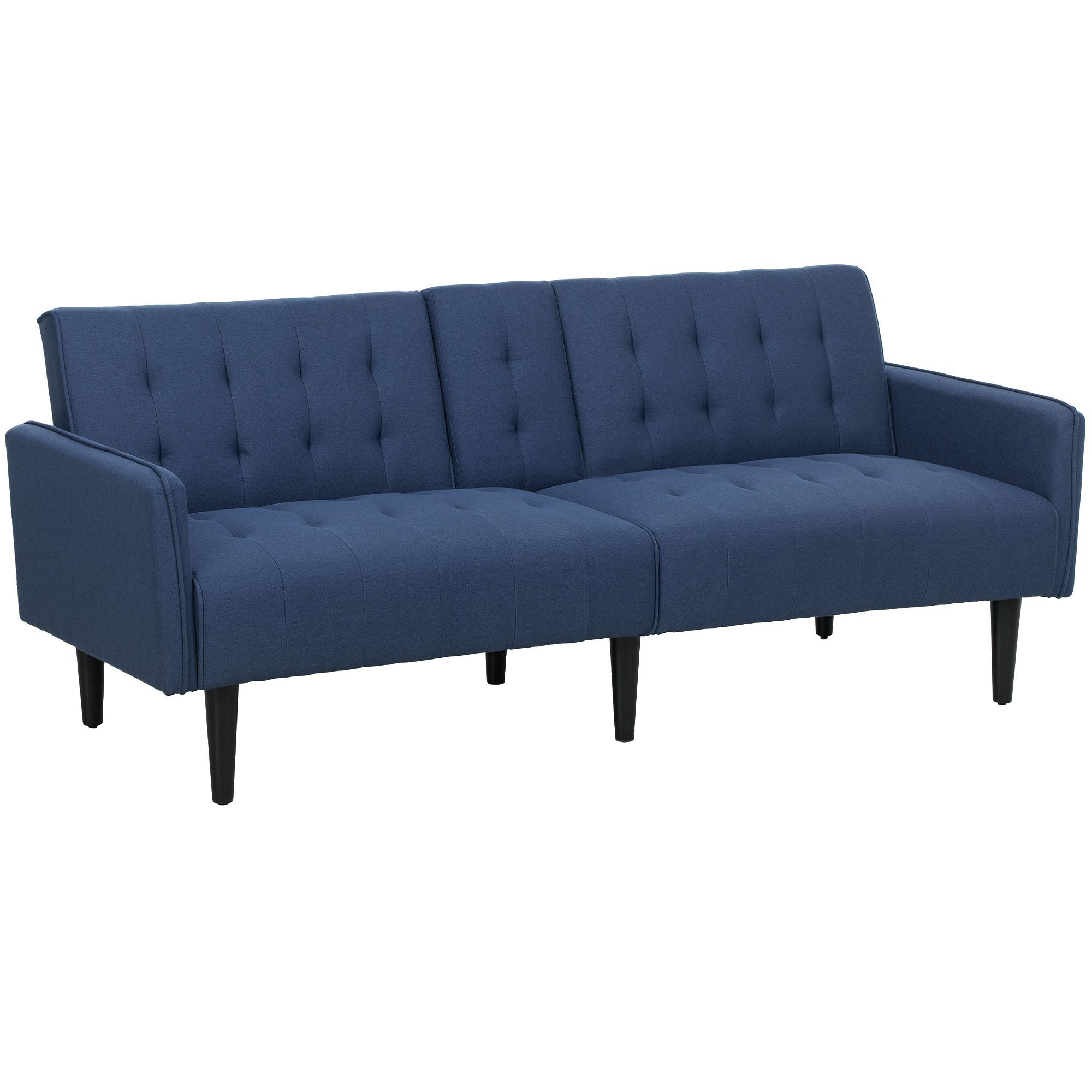 Homcom Upholstered Click Clack Sofa Bed, Linen-feel 3 Seater Sofa Bed With Storage And Cupholders, Dark Blue