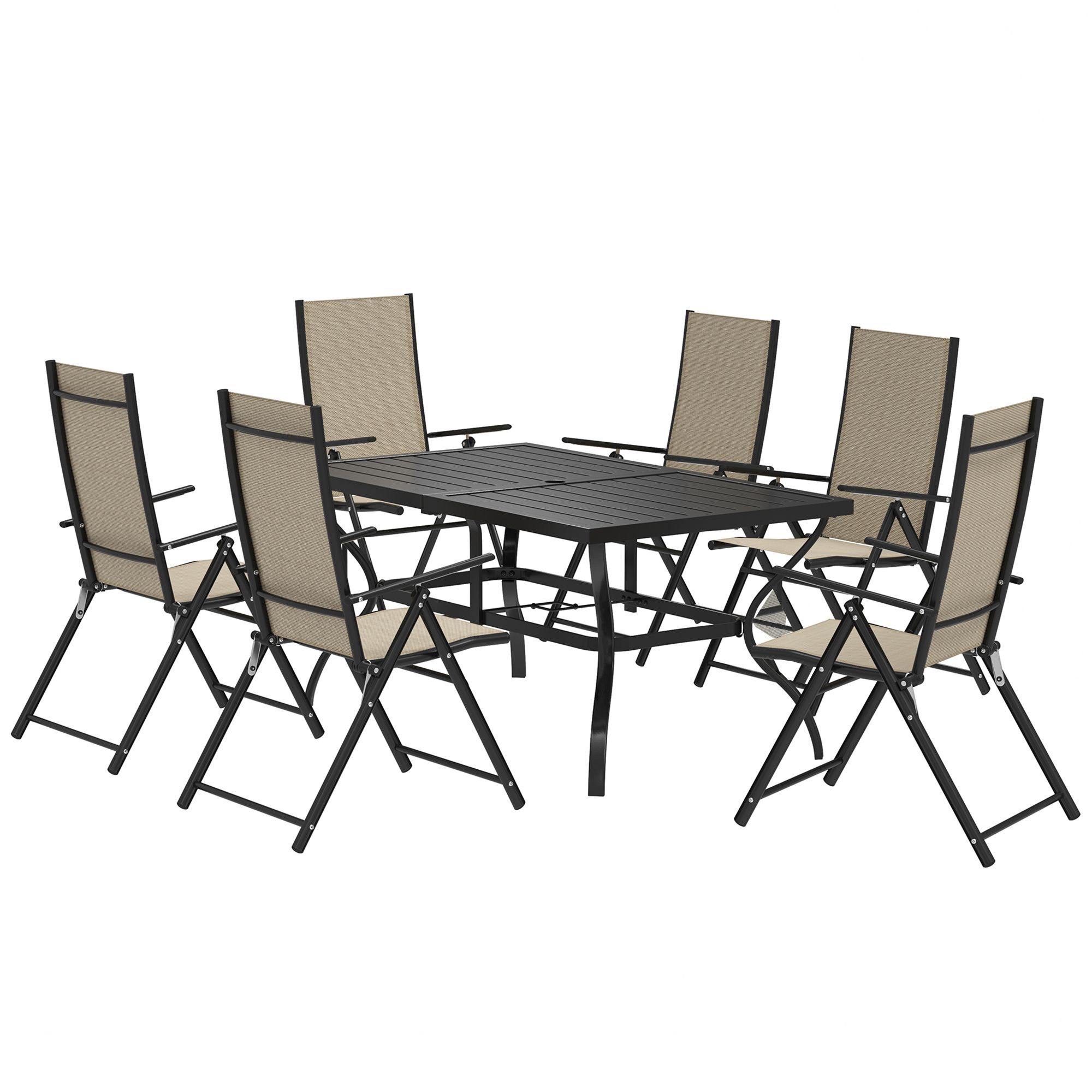 Outsunny Seven-piece Steel Outdoor Dining Set, With Parasol Hole - Khaki